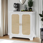 Rattan Decorated Sideboard Buffet Storage Liquor Cabinet, White Particle Board & MDF, 31.10 x 14.96 x 34.25 inches - Grand Goldman Shop