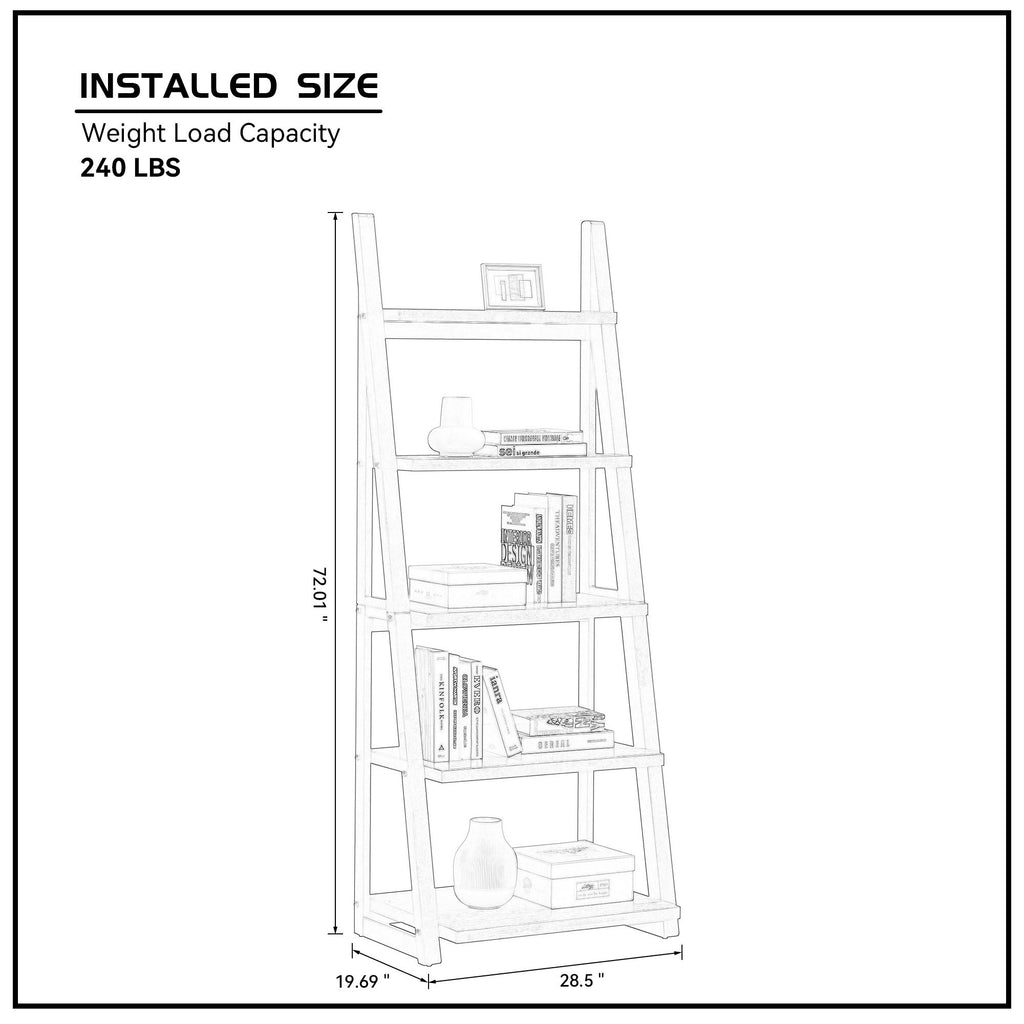 Stylish 5-Tier Shelves,Bookshelf, Storage Rack, Bookcase with Rubber Wood Frame, Ladder Shelf for Living Room, Home Office, K