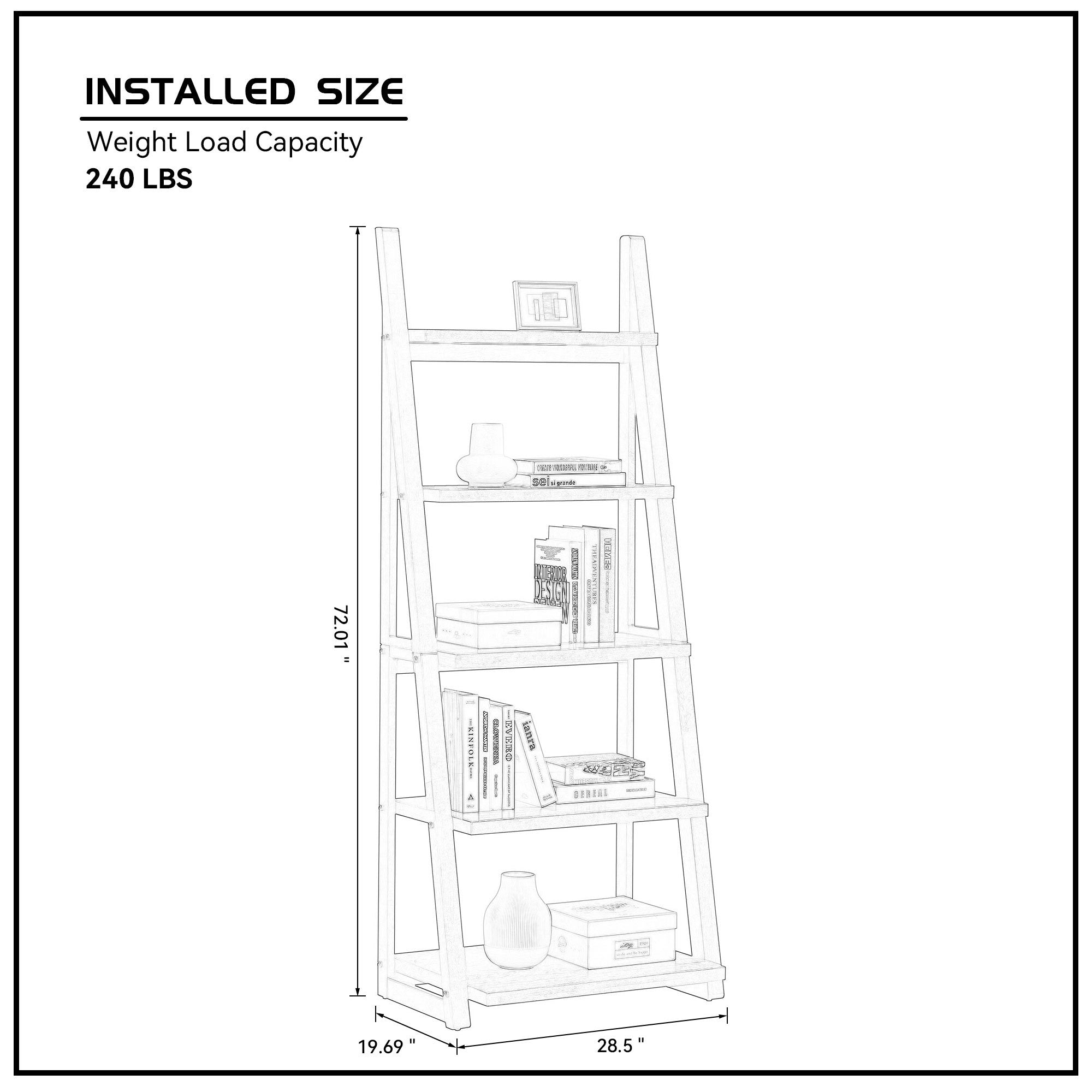 Stylish 5-Tier Shelves,Bookshelf, Storage Rack, Bookcase with Rubber Wood Frame, Ladder Shelf for Living Room, Home Office, K