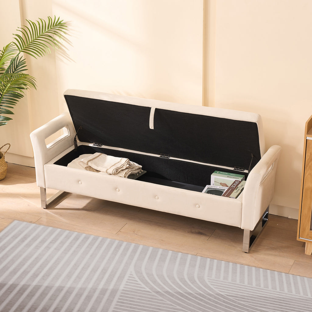 67.91' Wide Storage Soft Ottoman Bench with Armrests,Footrest Bed End Stool for Living Room, Dorm, Entryway and Bedroom, Beige - Grand Goldman Shop