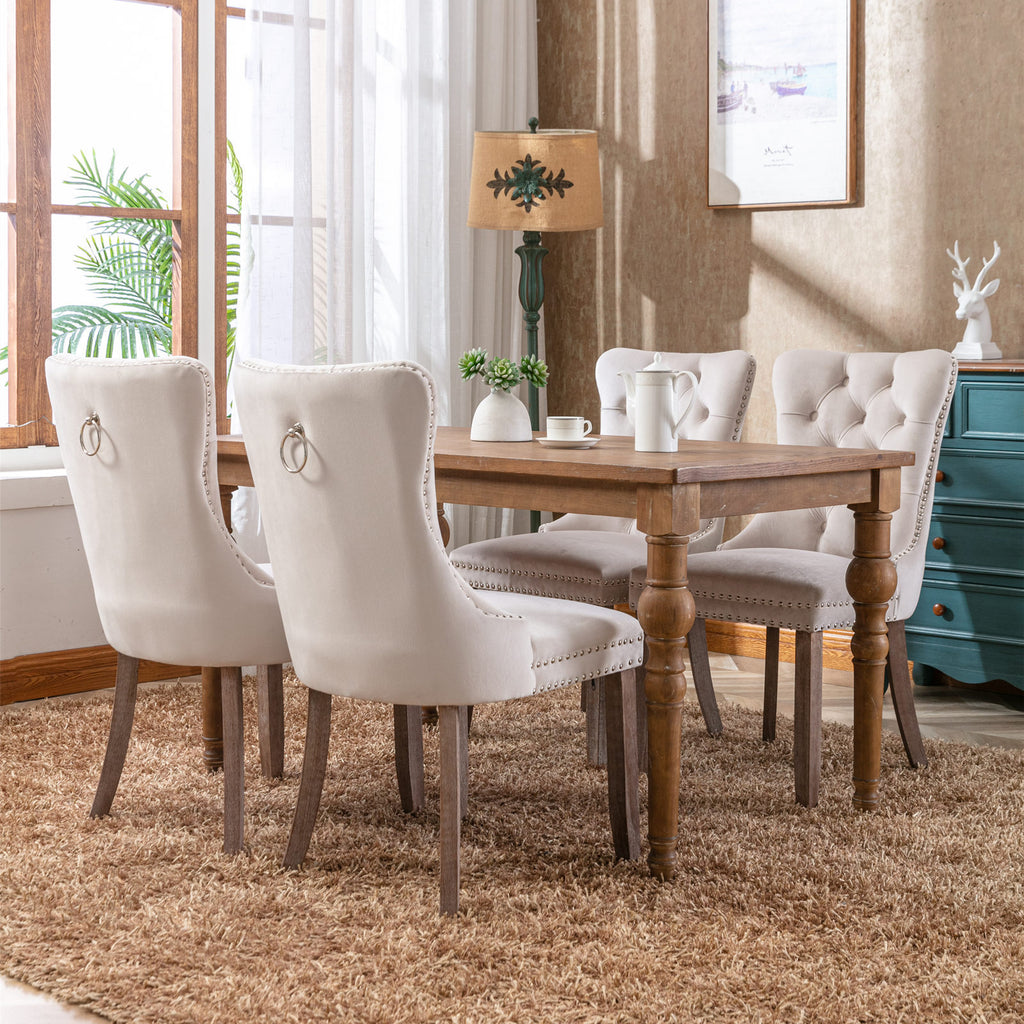 Nikki Collection Modern, High-end Tufted Solid Wood Contemporary Velvet Upholstered Dining Chair with Wood Legs Nailhead Trim 2-Pcs Set,Beige, SW2001BG - Grand Goldman Shop