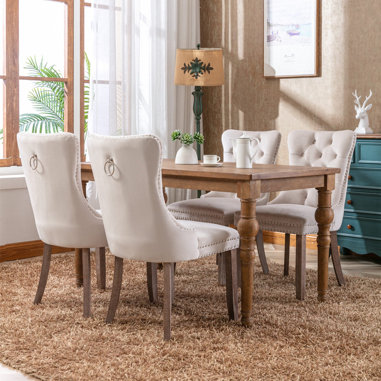 Nikki Collection Modern, High-end Tufted Solid Wood Contemporary Velvet Upholstered Dining Chair with Wood Legs Nailhead Trim 2-Pcs Set,Beige, SW2001BG - Grand Goldman Shop