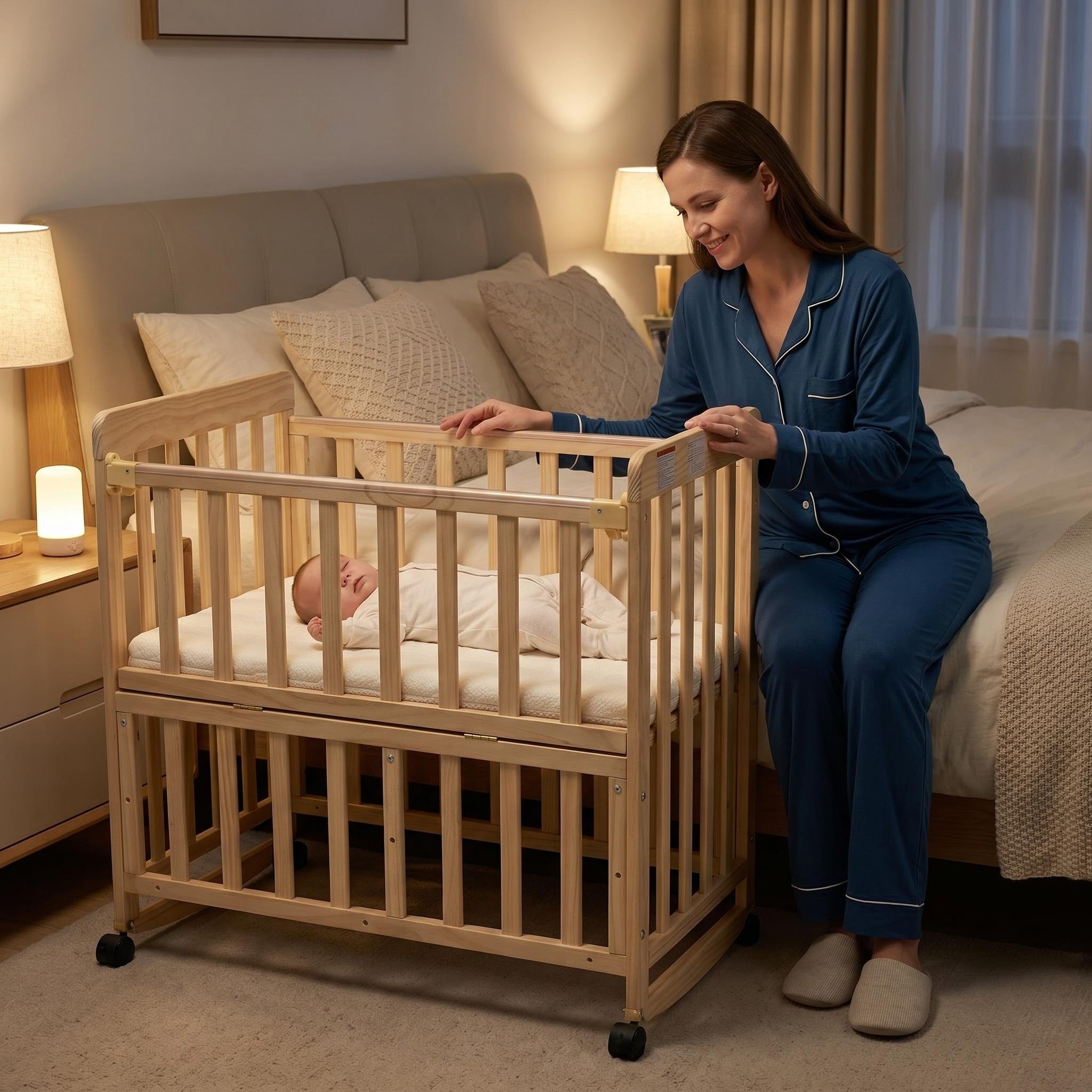 Portable Pine Wood Bedside Bassinet with 3 Adjustable Heights, Natural Wood Mini Crib for Newborns 0-36 Months, Compact Desig