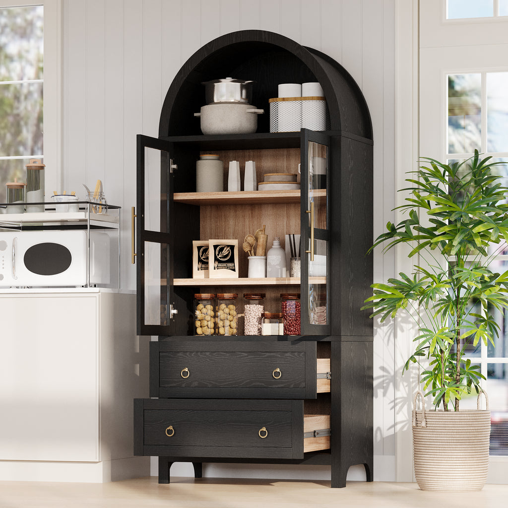 K&K 71' Tall Arched Kitchen Pantry Cabinet with 2 Large Drawers, Modern Farmhouse Kitchen Storage Cabinets with Adjustable Shelves, Glass Door, Wood Versatile Cupboard for Kitchens, Dining Room, Black - Grand Goldman Shop