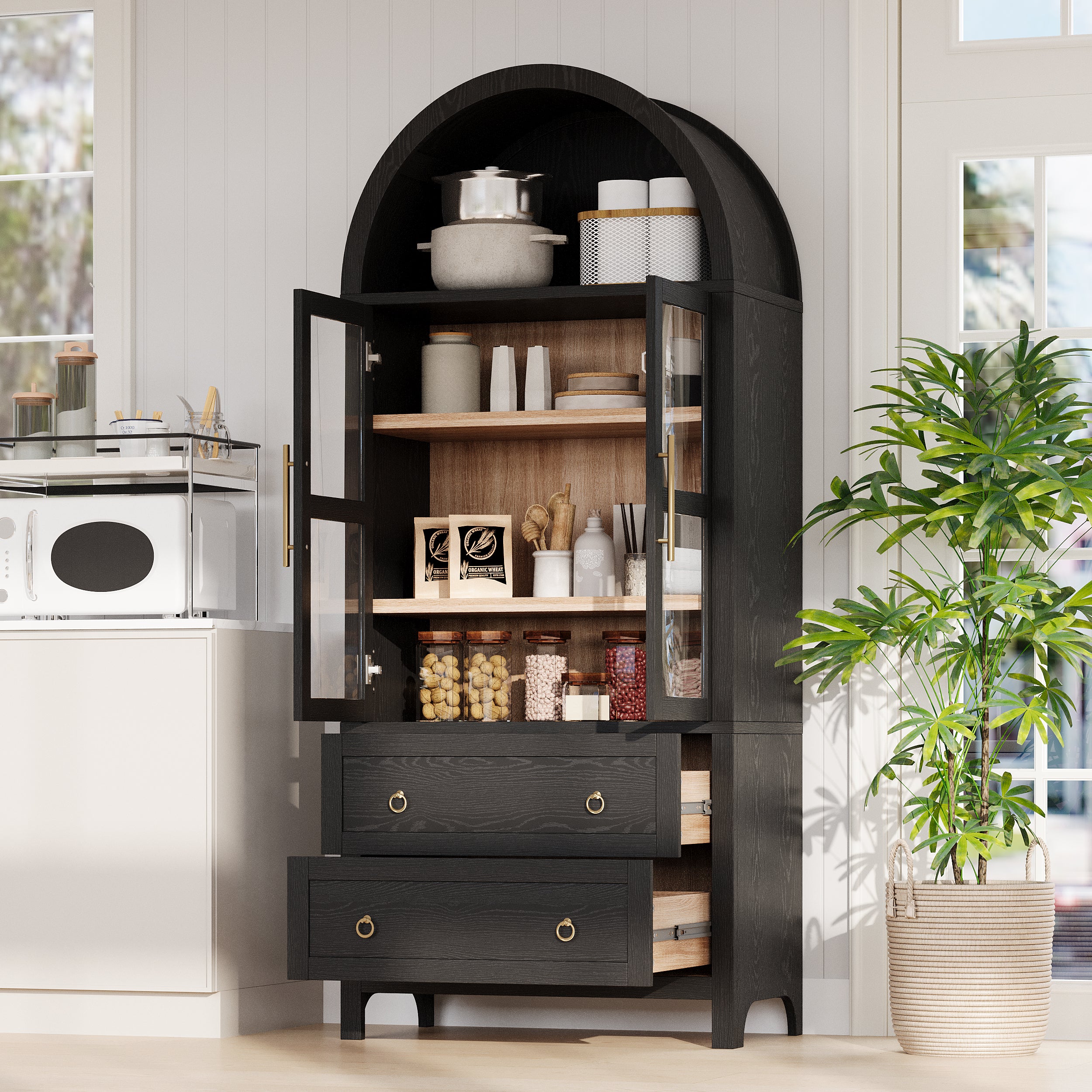 K&K 71' Tall Arched Kitchen Pantry Cabinet with 2 Large Drawers, Modern Farmhouse Kitchen Storage Cabinets with Adjustable Shelves, Glass Door, Wood Versatile Cupboard for Kitchens, Dining Room, Black - Grand Goldman Shop