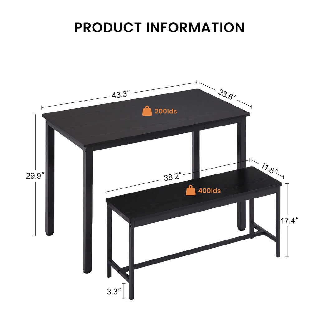 Dining Table Set, Bar Table with 2 Dining Benches, Kitchen Table Counter with Chairs, Industrial for Kitchen Breakfast Table, Living Room, Party Room, Black , 43.3″L x23.6″W x 29.9″H - Grand Goldman Shop