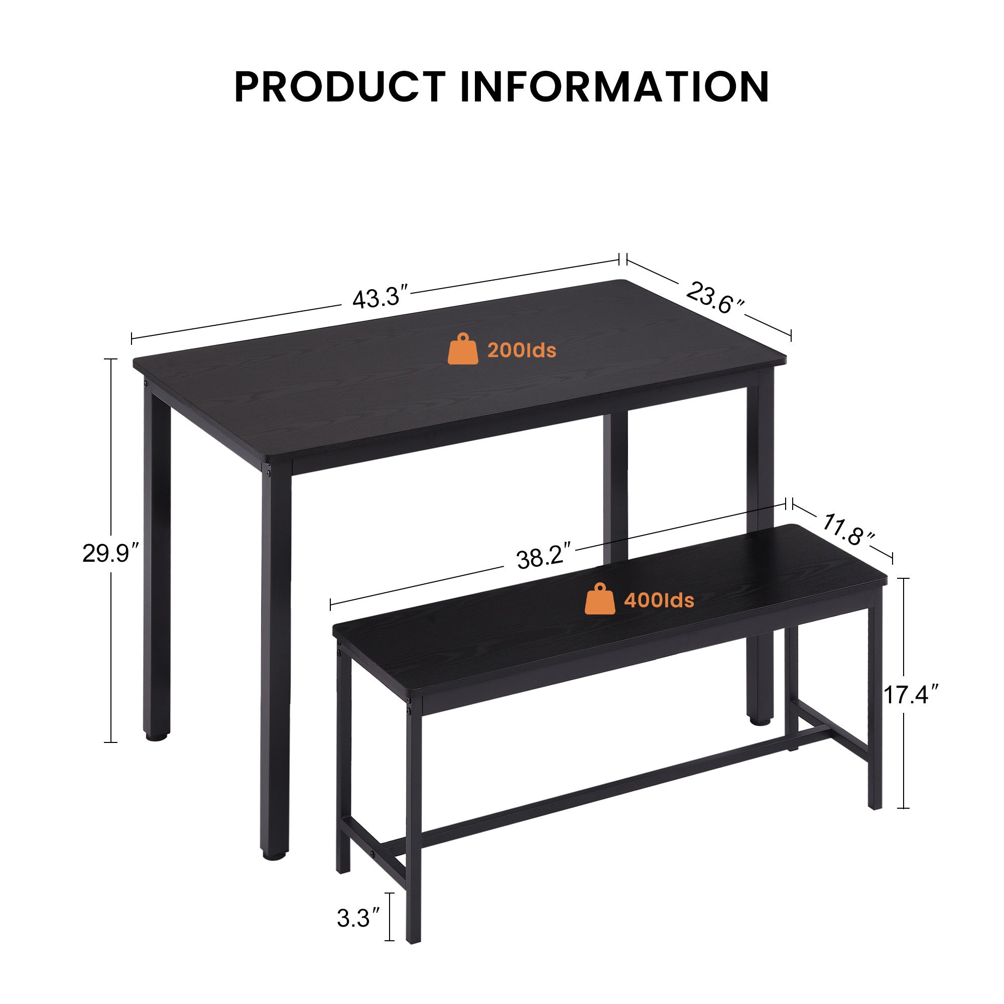 Dining Table Set, Bar Table with 2 Dining Benches, Kitchen Table Counter with Chairs, Industrial for Kitchen Breakfast Table, Living Room, Party Room, Black , 43.3″L x23.6″W x 29.9″H - Grand Goldman Shop