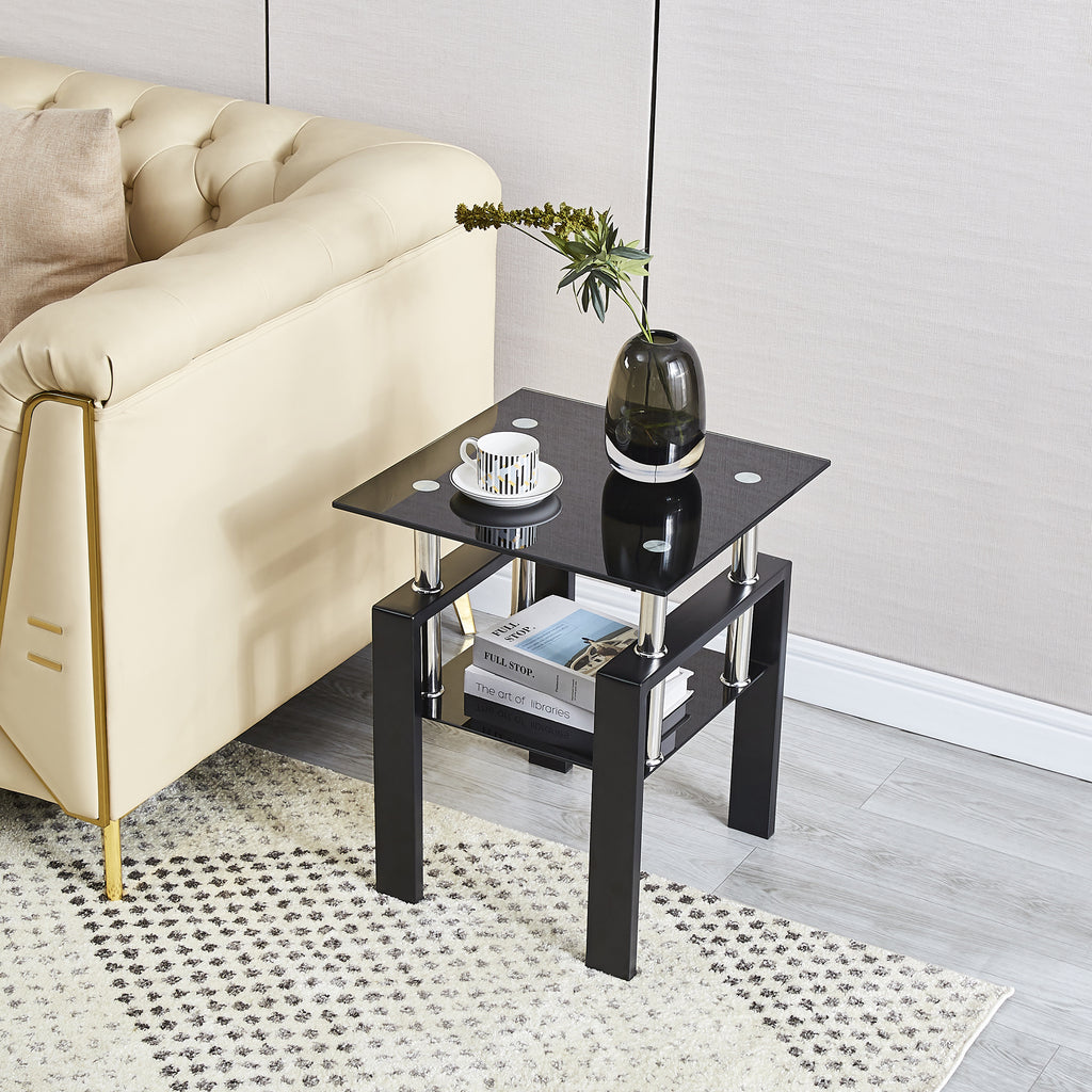 Modern 2-Piece Tempered Black Glass Sofa Table with Metal Legs for Living Room - Grand Goldman Shop