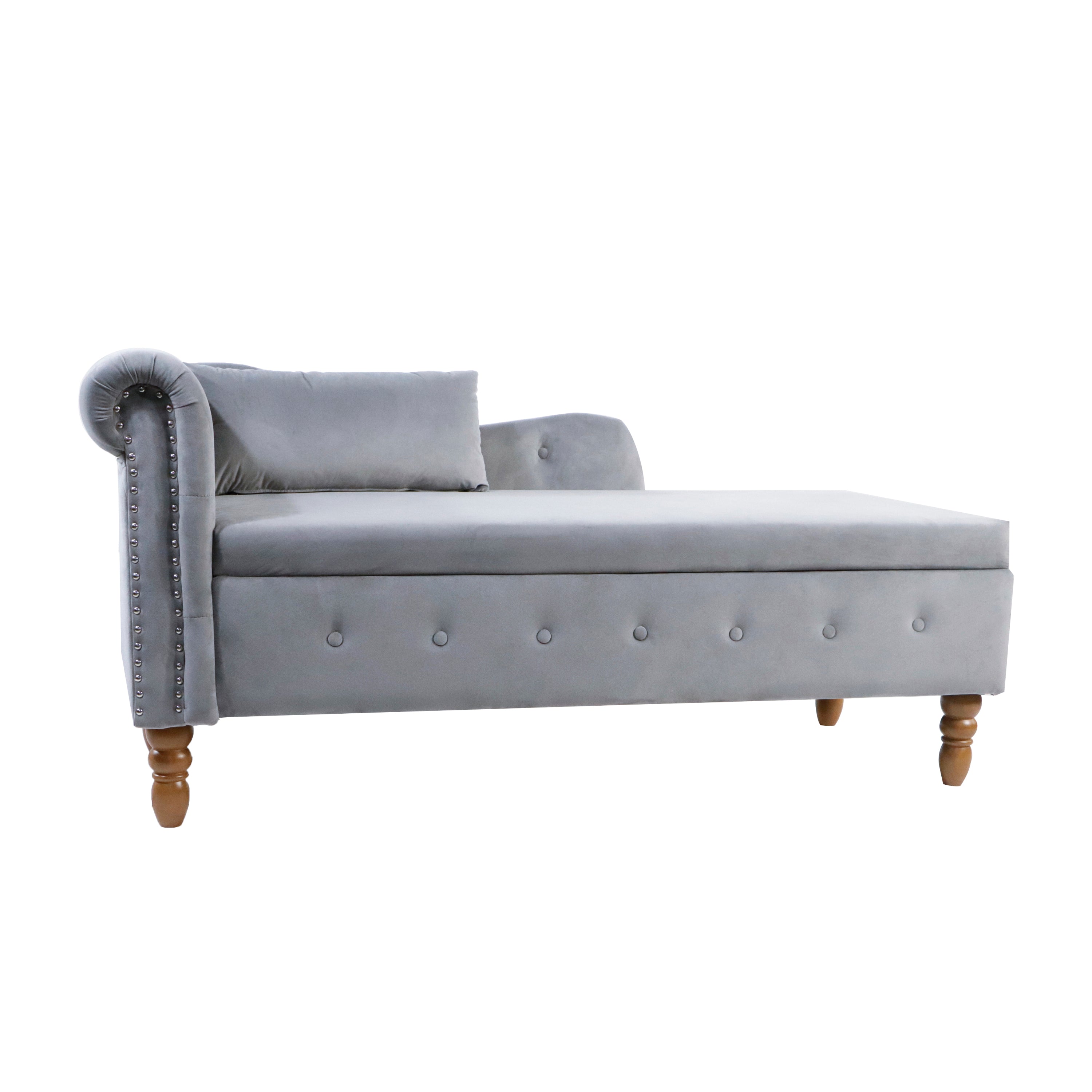 Grey Chaise Lounge Indoor, Velvet Lounge Chair for Bedroom with Storage & Pillow, Modern Upholstered Rolled Arm Chase Lounge for Sleeping with Nailhead Trim for Living Room Bedroom Office - Grand Goldman Shop