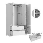 4 Doors Wardrobe Closet with Mirror, LED Wardrobe with Doors and 2 Drawers, Wooden Wardrobe Storage Cabinet with Hanging Rod, Adjustable Shelves, White - Grand Goldman Shop