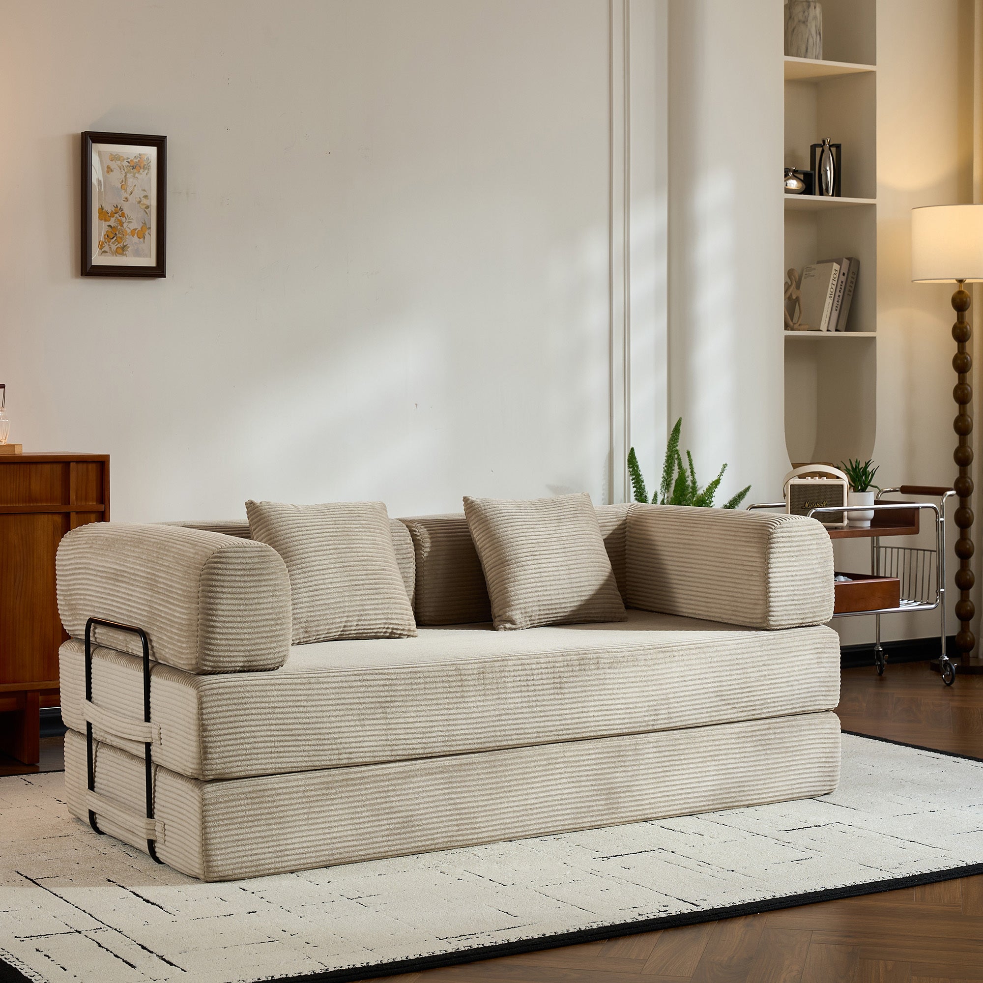 Convertible Sleeper Sofa Bed with Cylindrical Pillow, Corduroy Folding Mattress Couch with Fixed-Shape Frame, Floor Sofa Lounge Couch for Living Room Bedroom (Beige) - Grand Goldman Shop