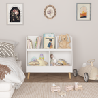 Modern Kids Bookshelf and Toy Organizer with 5 Cubbies, 2-Tier Wooden Open Bookcase, White MDF and Pine Legs | Premium Home D