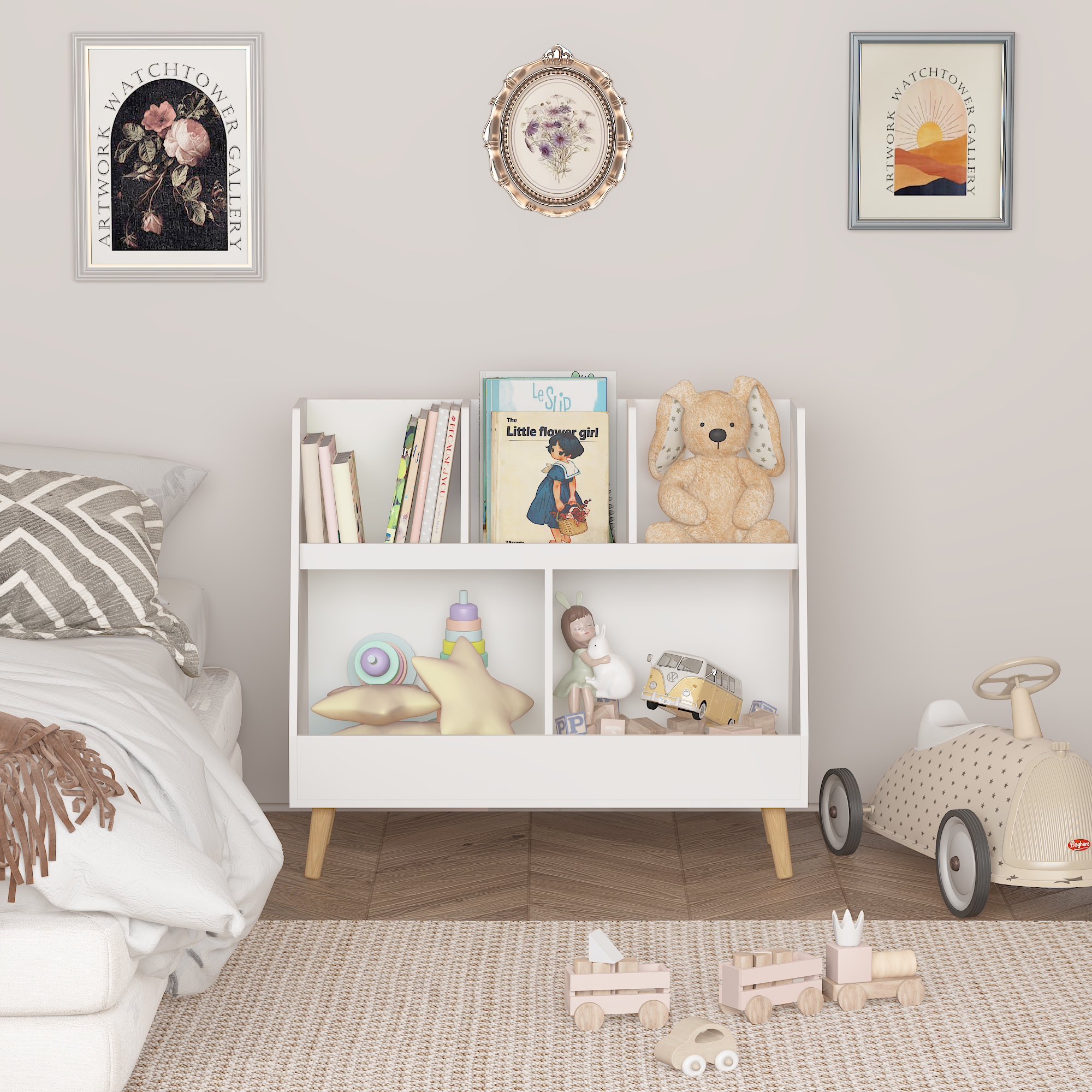 Modern Kids Bookshelf and Toy Organizer with 5 Cubbies, 2-Tier Wooden Open Bookcase, White MDF and Pine Legs | Premium Home D
