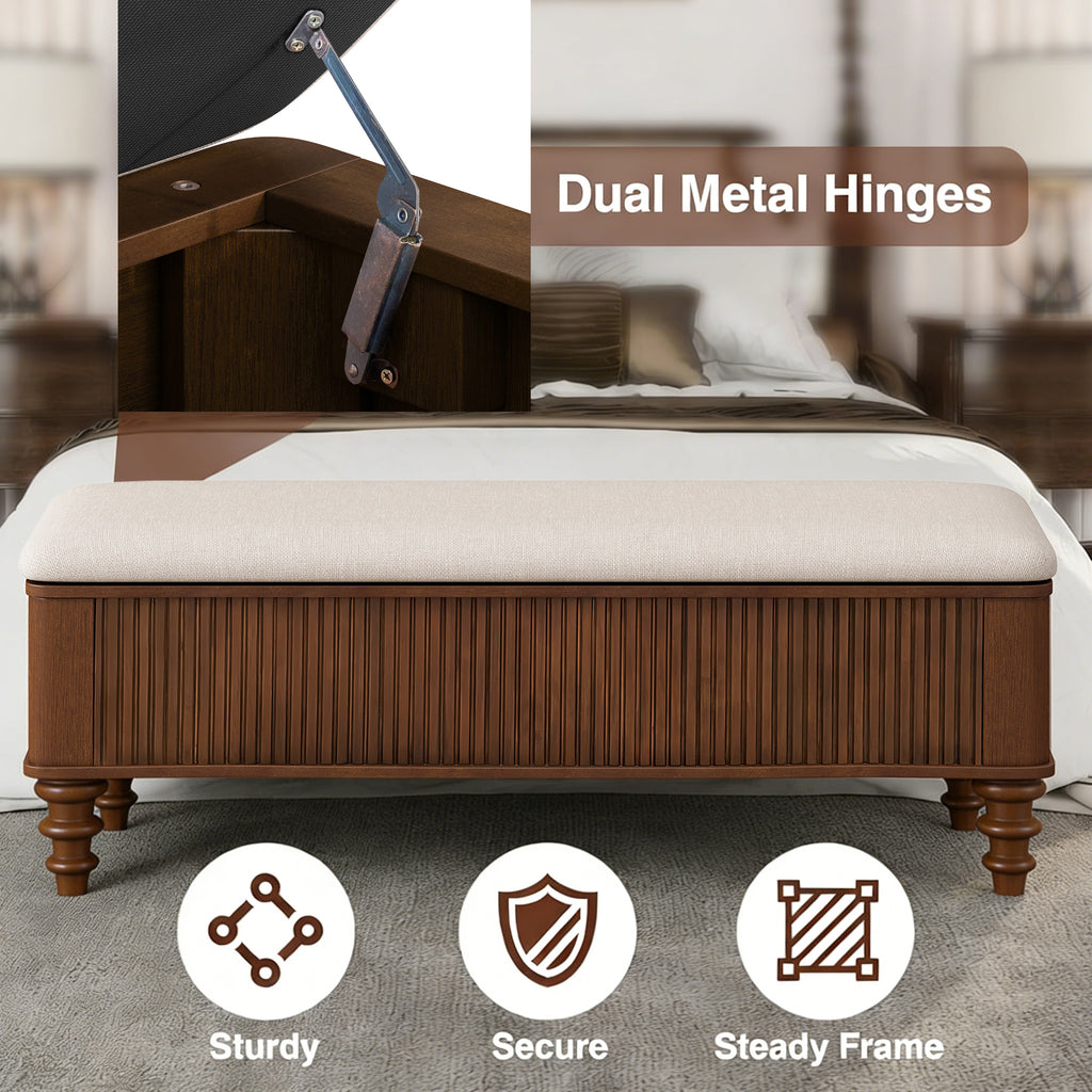 Walnut Multi-Functional Storage Ottoman Bench with Linen Seat, Solid Rubberwood Bed End Bench for Bedroom, Entryway, Living Room, Closet - Grand Goldman Shop