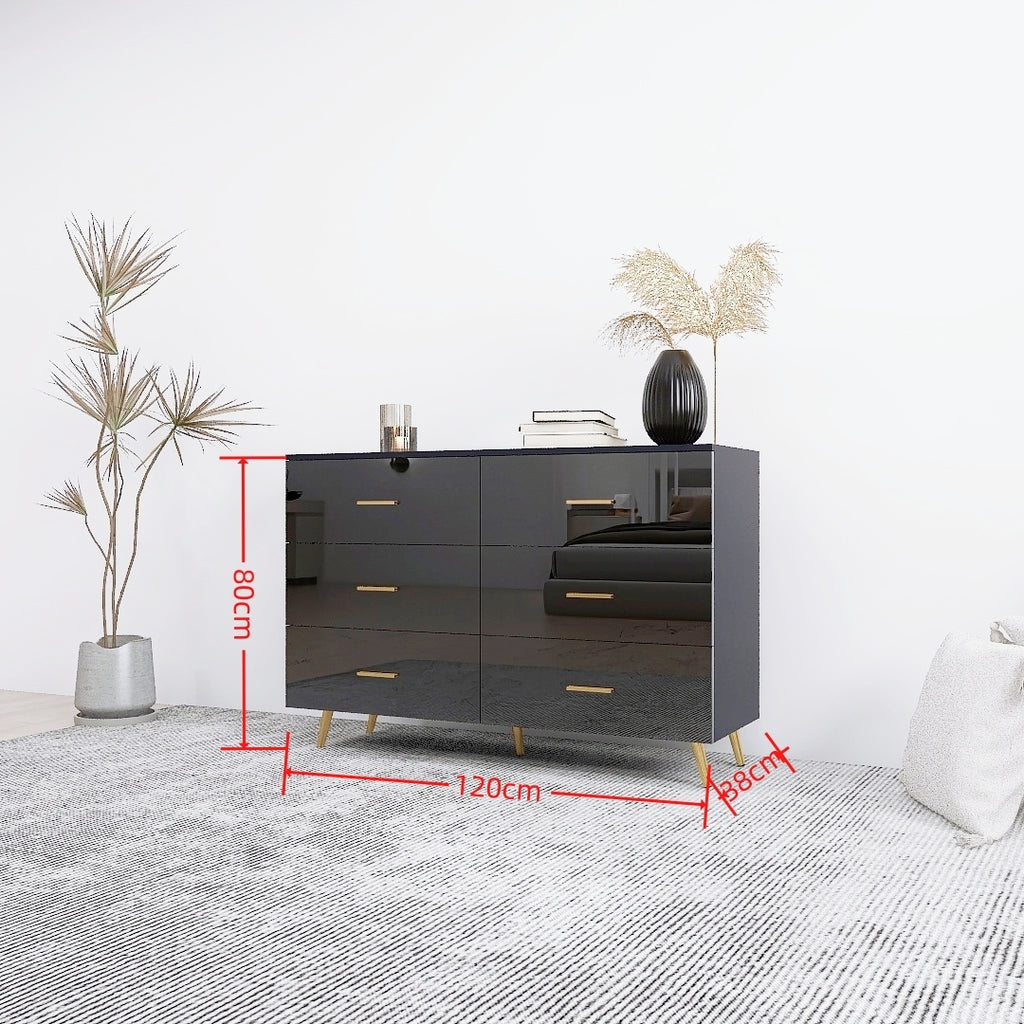 High Glossy Surface 6 Drawers Chest of Drawer with Golden Handle and Golden Steel Legs Black Color Vanity - Grand Goldman Shop