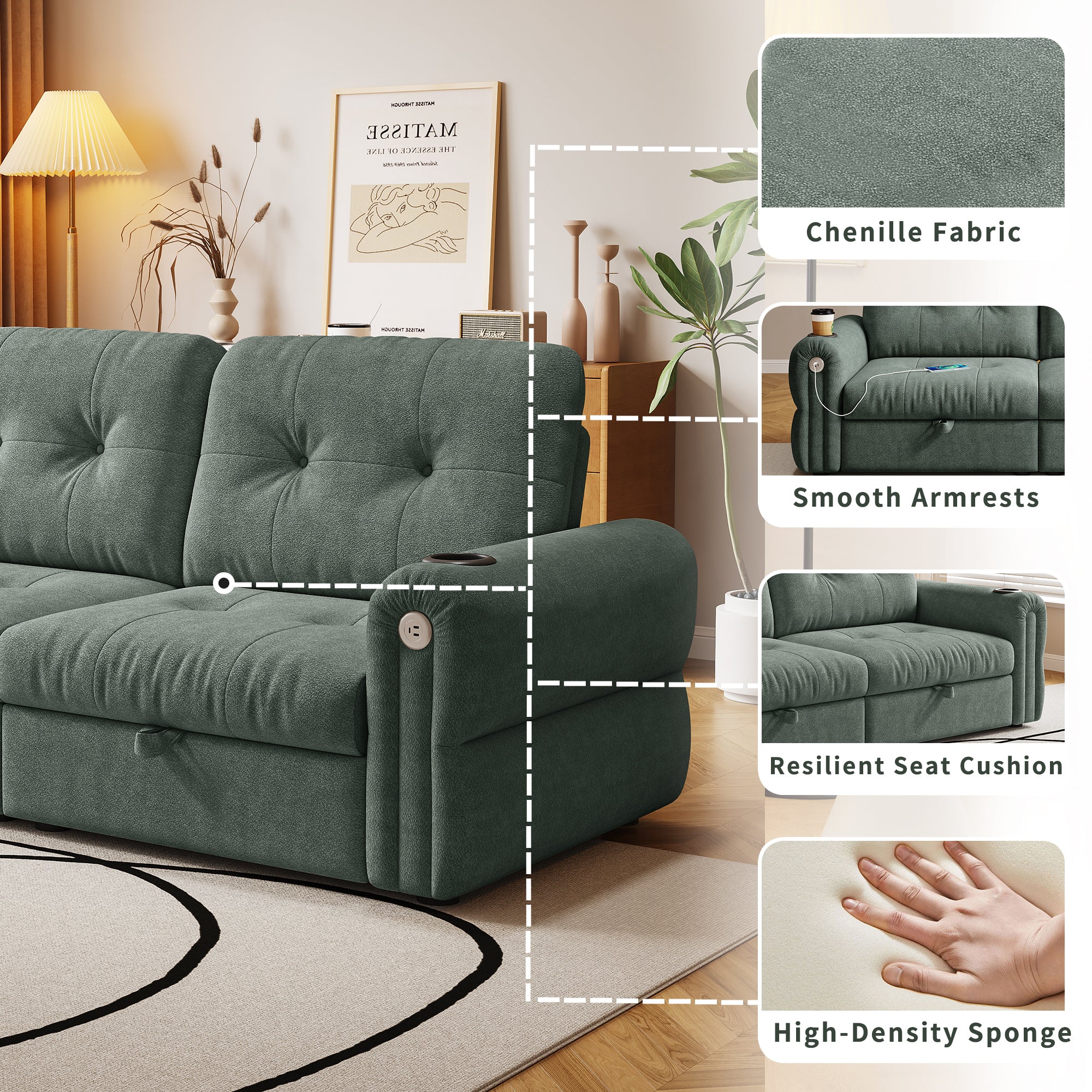It is a multi-functional sofa, a 77-inch convertible sofa bed, and a 2-in-1 piece suitable for both sitting and lying down. Made of  Chenille fabric, it is suitable for living rooms, bedrooms - Grand Goldman Shop