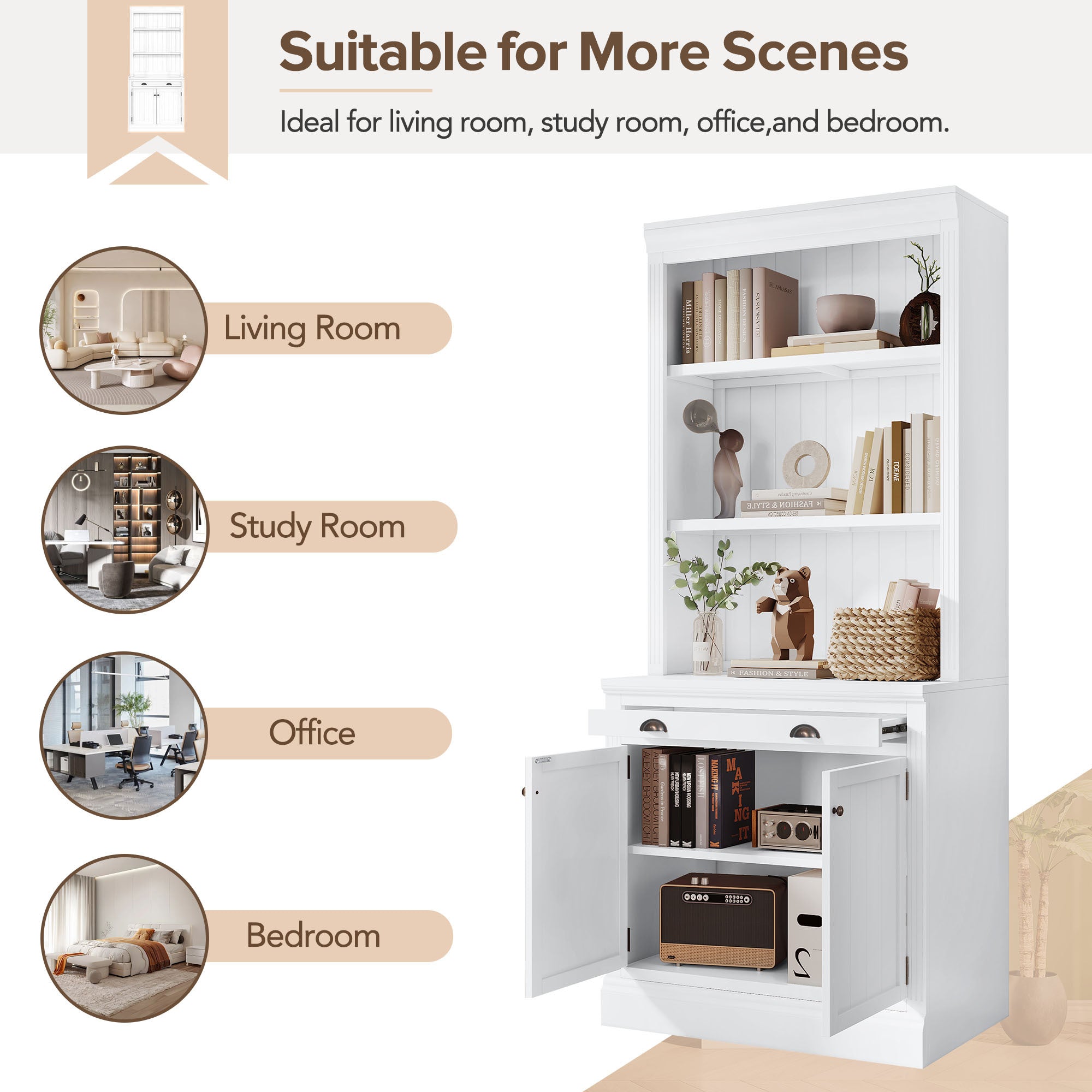 83.4'Tall Bookshelf with 3 pieces LED Lighting, Modern Bookcase with 2 Doors and 1 Drawer,Storage Bookcase with Open Shelves for Living Room,Home Office,White - Grand Goldman Shop