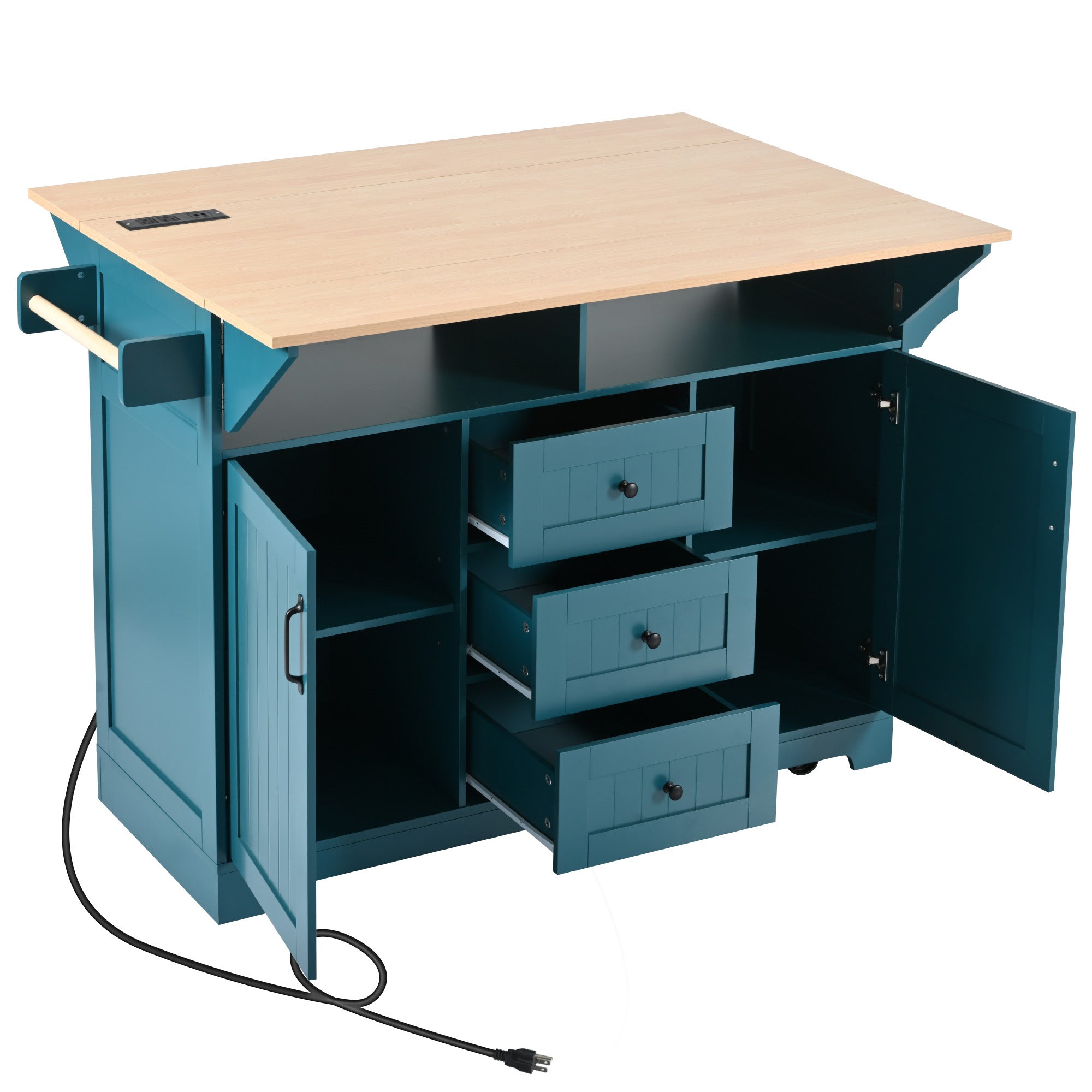 K&K 55.7'' Large Kitchen Island with 2 Drop Leaf,, Rolling Kitchen Cart on 5 Wheels with Power Outlet, Folding Storage Dining Table with Spice & Towel Rack , 3 Drawers, for Kitchen, Dining Room,Green - Grand Goldman Shop