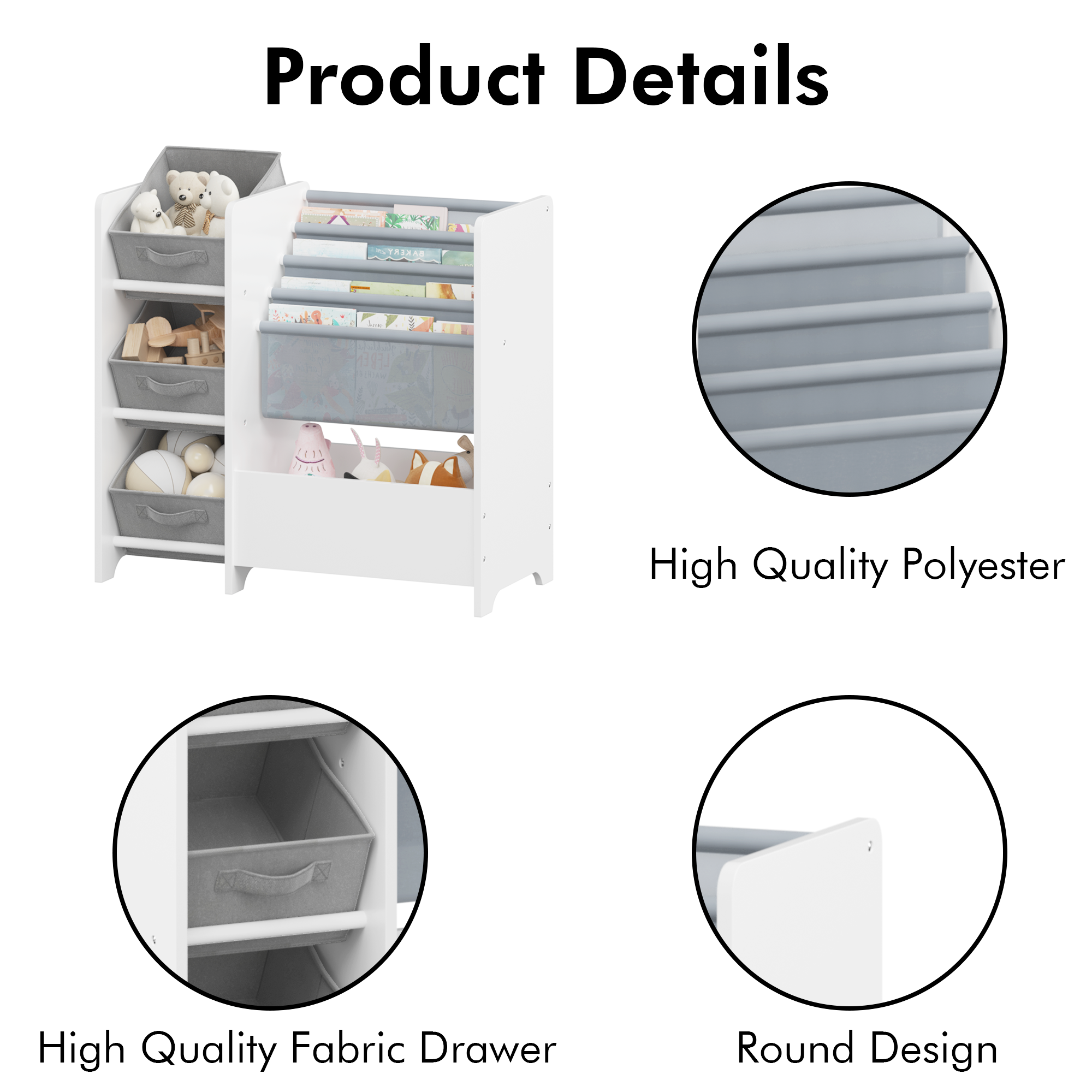 Kids Bookshelf and Toy Storage Organizer, Multifunctional 4-Tier White MDF Bookshelf with 3 Collapsible Fabric Drawers for Nu