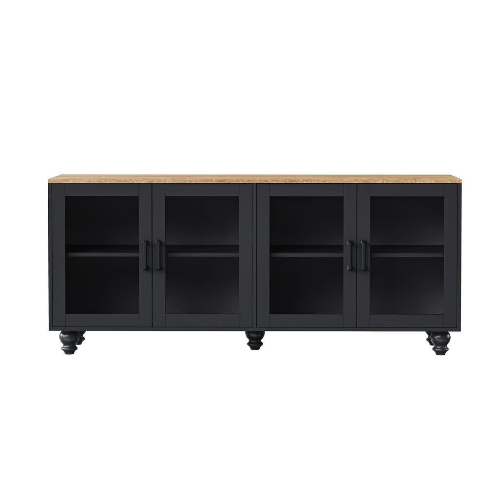 ON-TREND Farmhouse TV Stand with Tempered Glass Doors for TVs Up to 70', Versatile Sideboard with Adjustable Shelves, Elegant Buffet Cabinet with 5 Solid Wood Gourd-Shaped Legs for Living Room, Black - Grand Goldman Shop