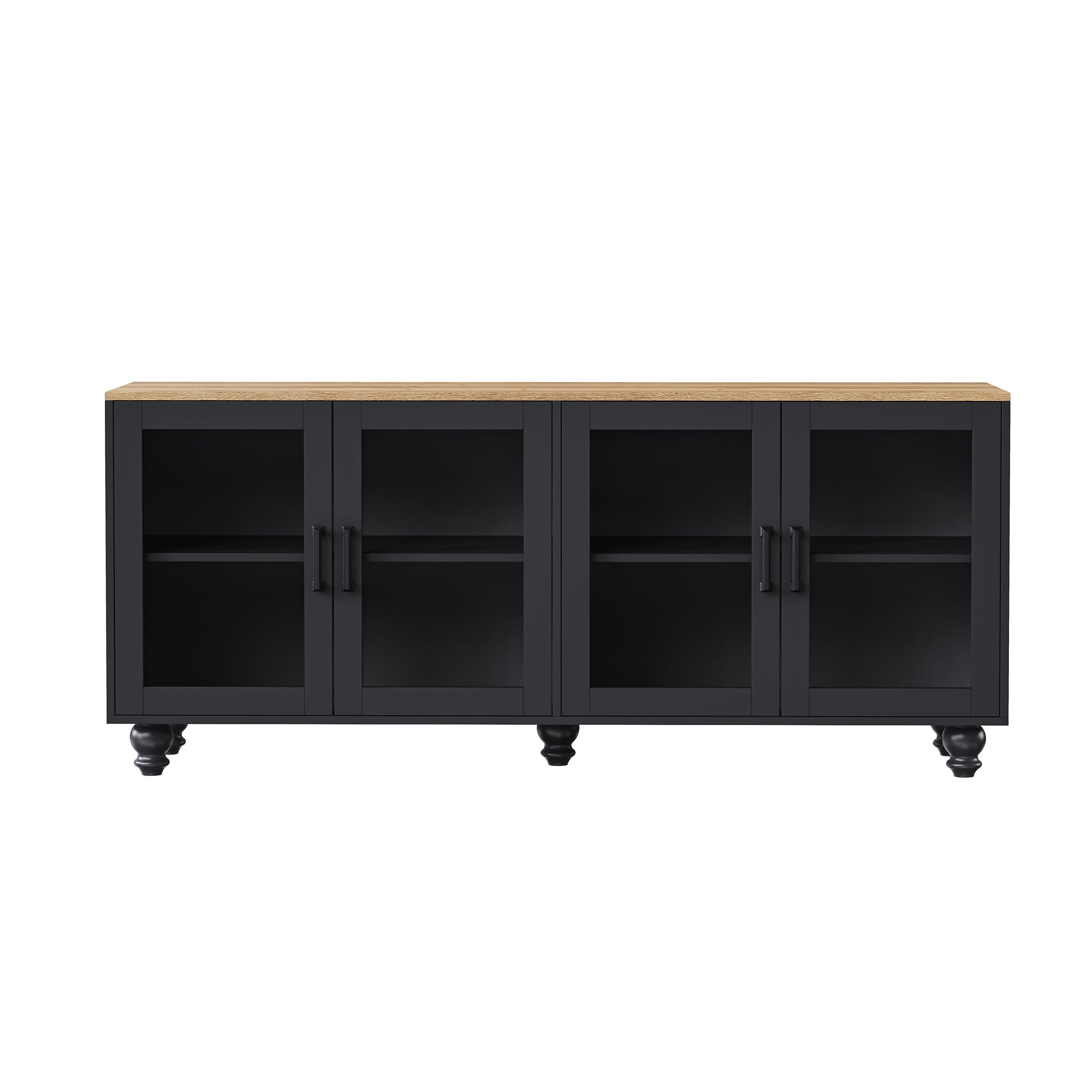 ON-TREND Farmhouse TV Stand with Tempered Glass Doors for TVs Up to 70', Versatile Sideboard with Adjustable Shelves, Elegant Buffet Cabinet with 5 Solid Wood Gourd-Shaped Legs for Living Room, Black - Grand Goldman Shop