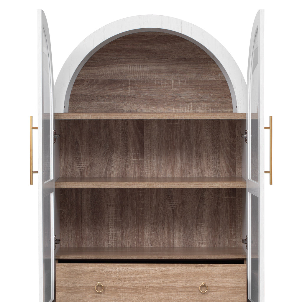 K&K 71' Tall Arched Kitchen Pantry Cabinet with Door Shelves, Farmhouse Kitchen Storage Cabinet with Open & Adjustable Shelves, Hidden Drawer & Glass Door, Cupboard for Kitchen, Dining Room, White - Grand Goldman Shop