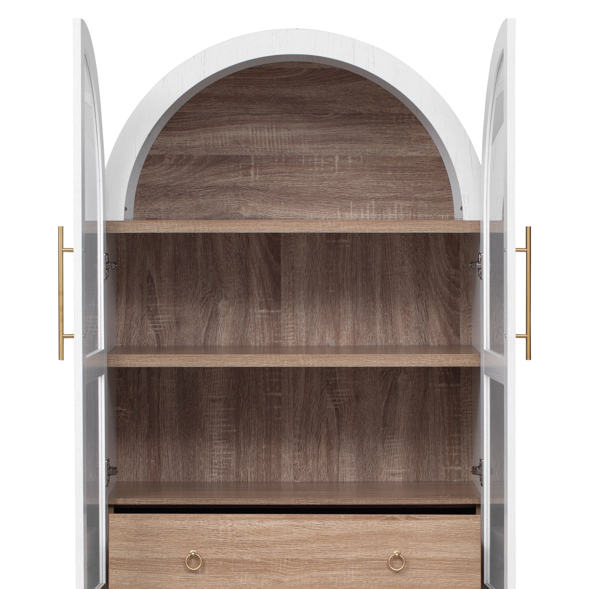 K&K 71' Tall Arched Kitchen Pantry Cabinet with Door Shelves, Farmhouse Kitchen Storage Cabinet with Open & Adjustable Shelves, Hidden Drawer & Glass Door, Cupboard for Kitchen, Dining Room, White - Grand Goldman Shop