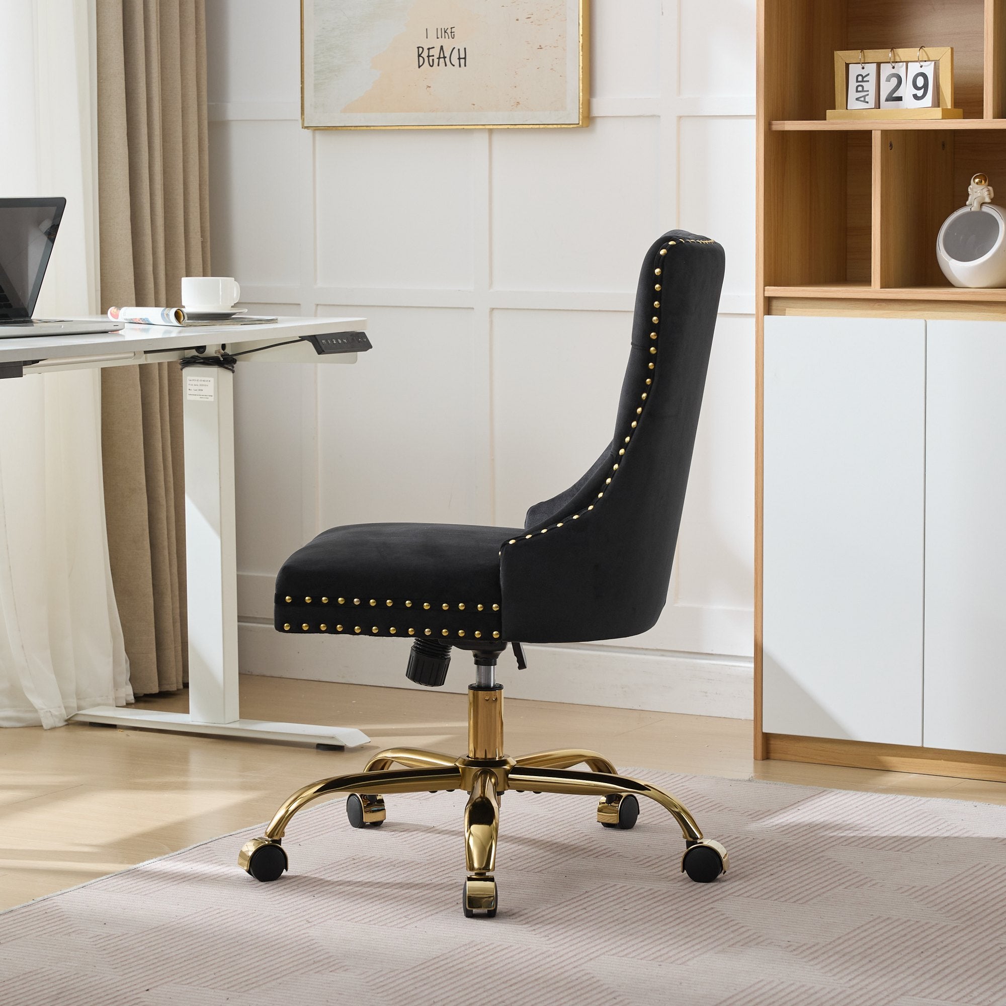 A&A Furniture Office Chair,Modern Velvet Upholstered Tufted Button Home Office Chair with Golden Metal Base,Adjustable Desk C