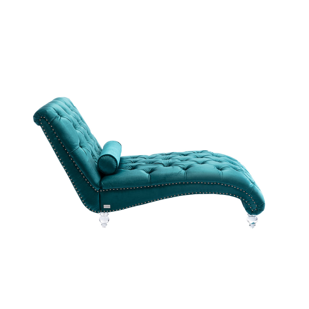 Velvet Chaise Lounge Indoor, Button-Tufted Upholstered Chaise Lounge Chair with Pillow, Teal Velvet, 63.38 inch - Grand Goldman Shop