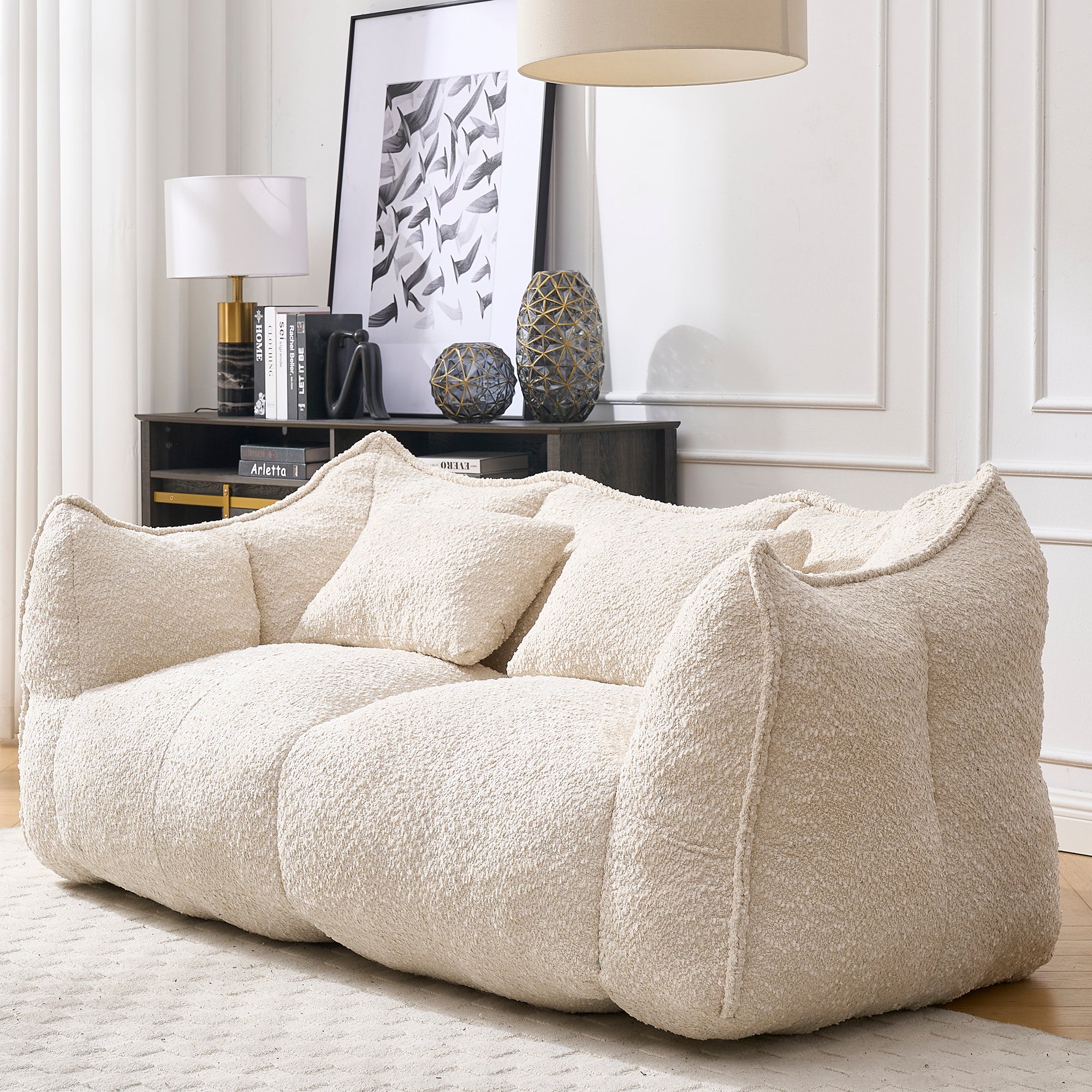 Comfortable Dual Beanbag Chair with High Resilience Foam Core for Two People in Beige Chenille - Grand Goldman Shop