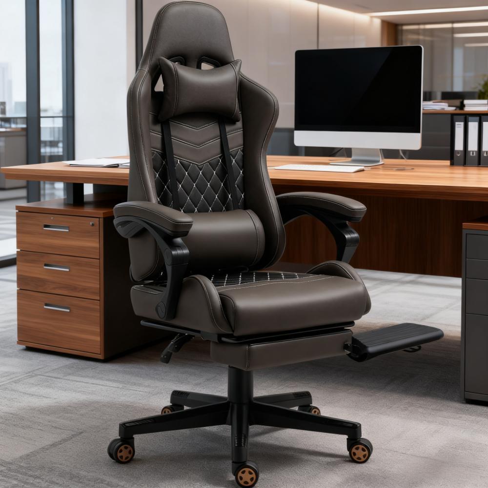 PU Leather Office Gamer Chair High Back Swivel Recliner with Footrest,Lumbar Support,Adjustable Height - Grand Goldman