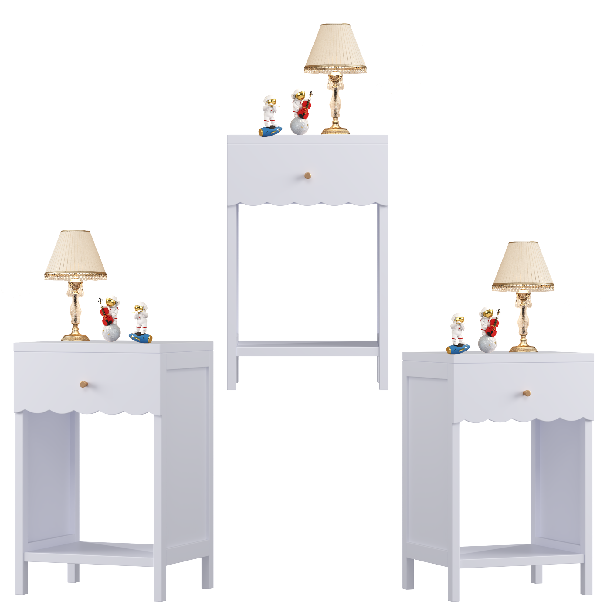 Modern Nightstand with Drawer and Open Shelf, Scalloped Edge Bedside Table in Light Purple, Minimalist Side Table for Kids Room or Girls' Room, Engineered Wood, 16.93 x 14.96 x 26.77 inches - Grand Goldman Shop