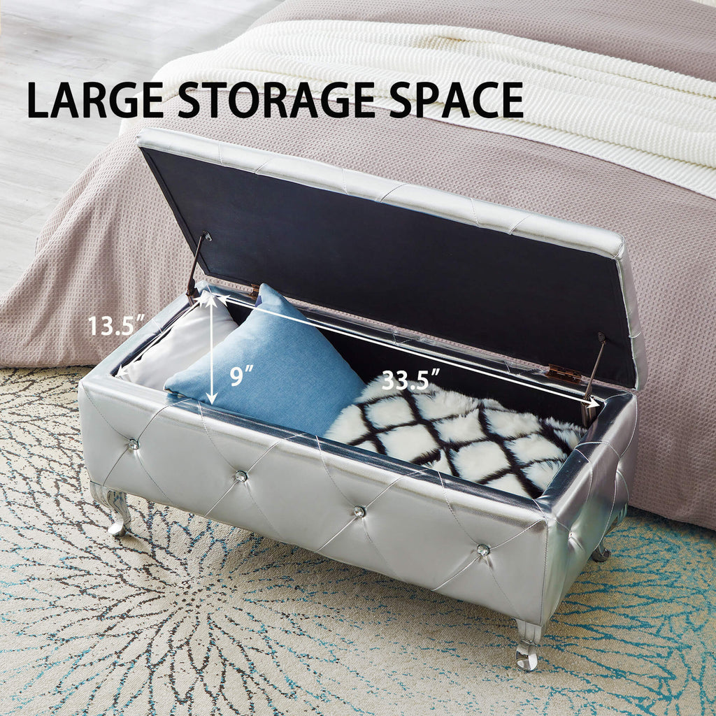 Upholstered Storage Ottoman Bench For Bedroom End Of Bed Faux Leather Rectangular Storage Benches Footrest With Crystal Buttons For Living Room Entryway (Silver) - Grand Goldman Shop