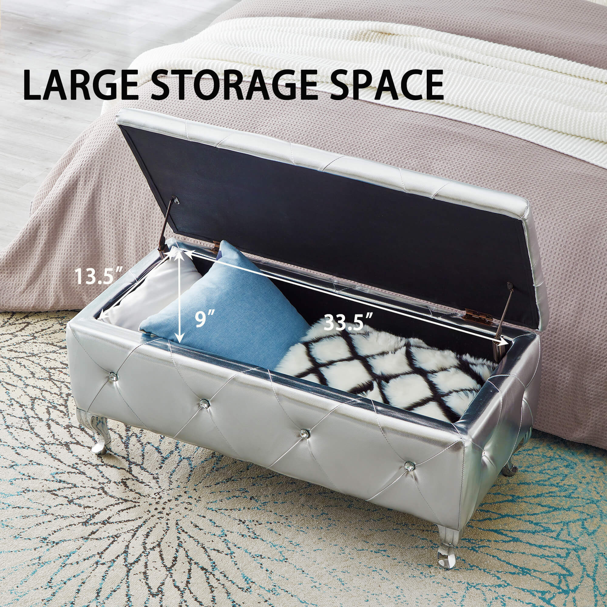 Upholstered Storage Ottoman Bench For Bedroom End Of Bed Faux Leather Rectangular Storage Benches Footrest With Crystal Buttons For Living Room Entryway (Silver) - Grand Goldman Shop