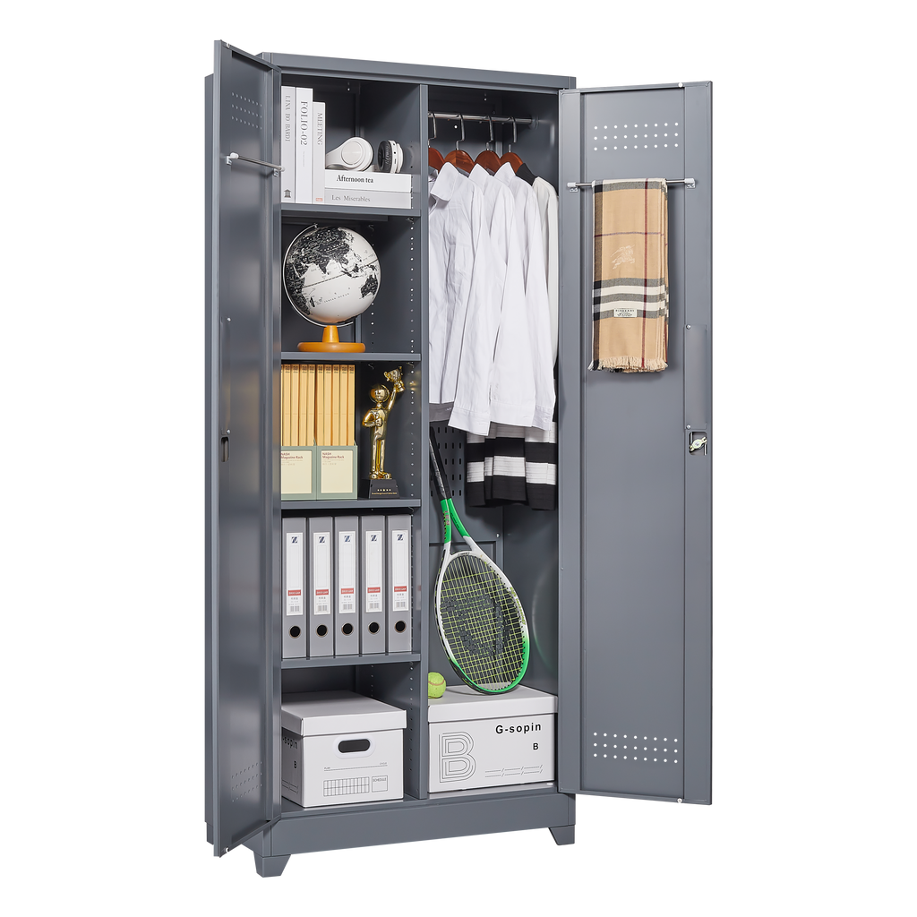 Gray And White Color Metal Lockers, Cleaning Tool Cabinets With Locking Doors, High Broom Tool Storage Cabinets, Adjustable S