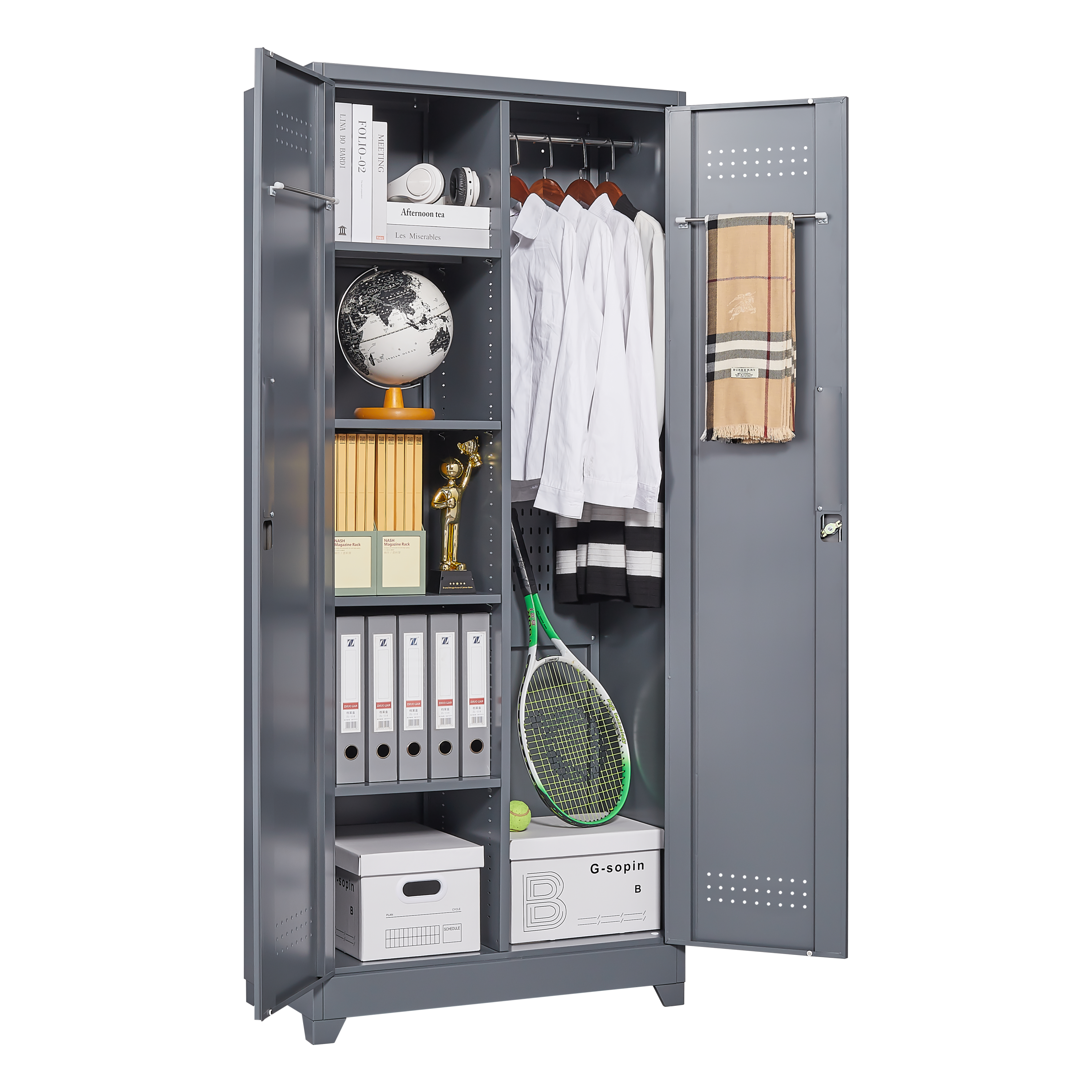 Gray And White Color Metal Lockers, Cleaning Tool Cabinets With Locking Doors, High Broom Tool Storage Cabinets, Adjustable S