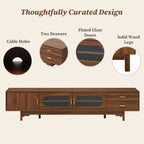 Modern TV Stand for 75-85 inch TVs with Fluted Glass Doors, 2 Drawers, Walnut Solid Wood Legs, 78.7'' L - Grand Goldman Shop