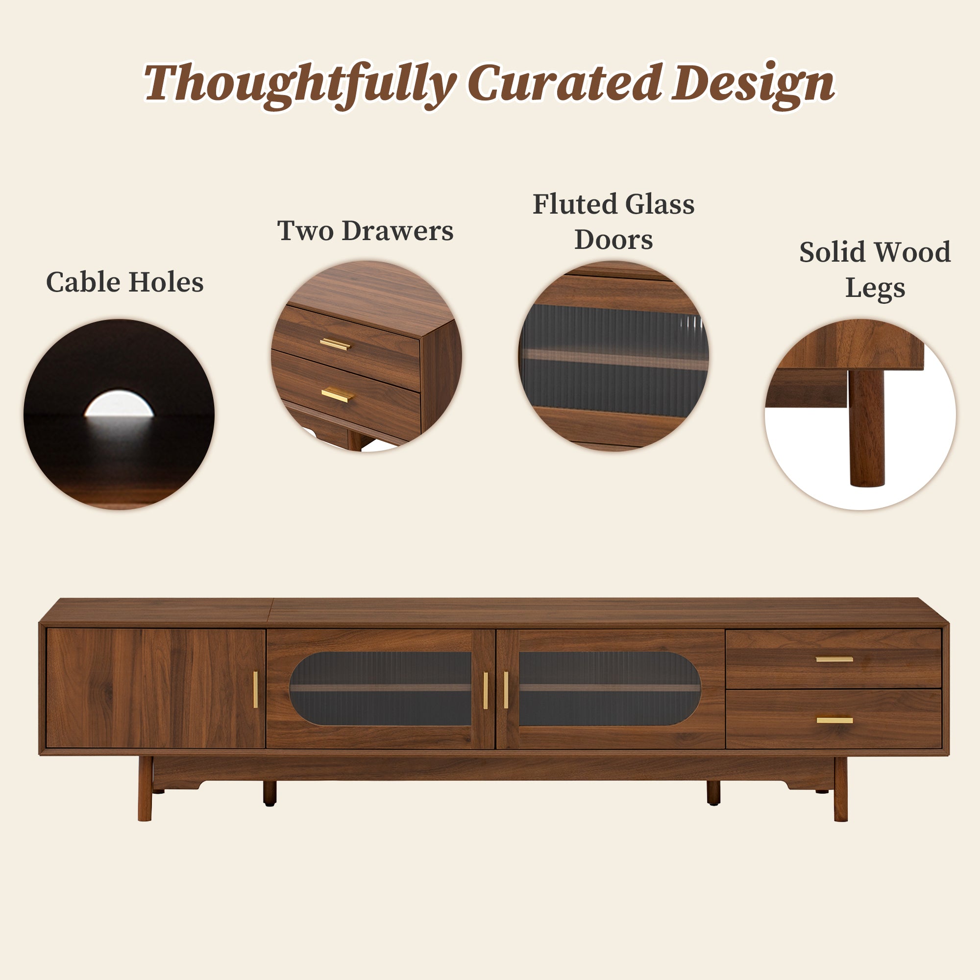 Modern TV Stand for 75-85 inch TVs with Fluted Glass Doors, 2 Drawers, Walnut Solid Wood Legs, 78.7'' L - Grand Goldman Shop