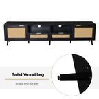 Modern Farmhouse Rattan TV Stand for TVs up to 85'', Black MDF and Solid Wood Media Console with Cable Management, 78.74'' L x 14.6'' W x 18.9'' H - Grand Goldman Shop