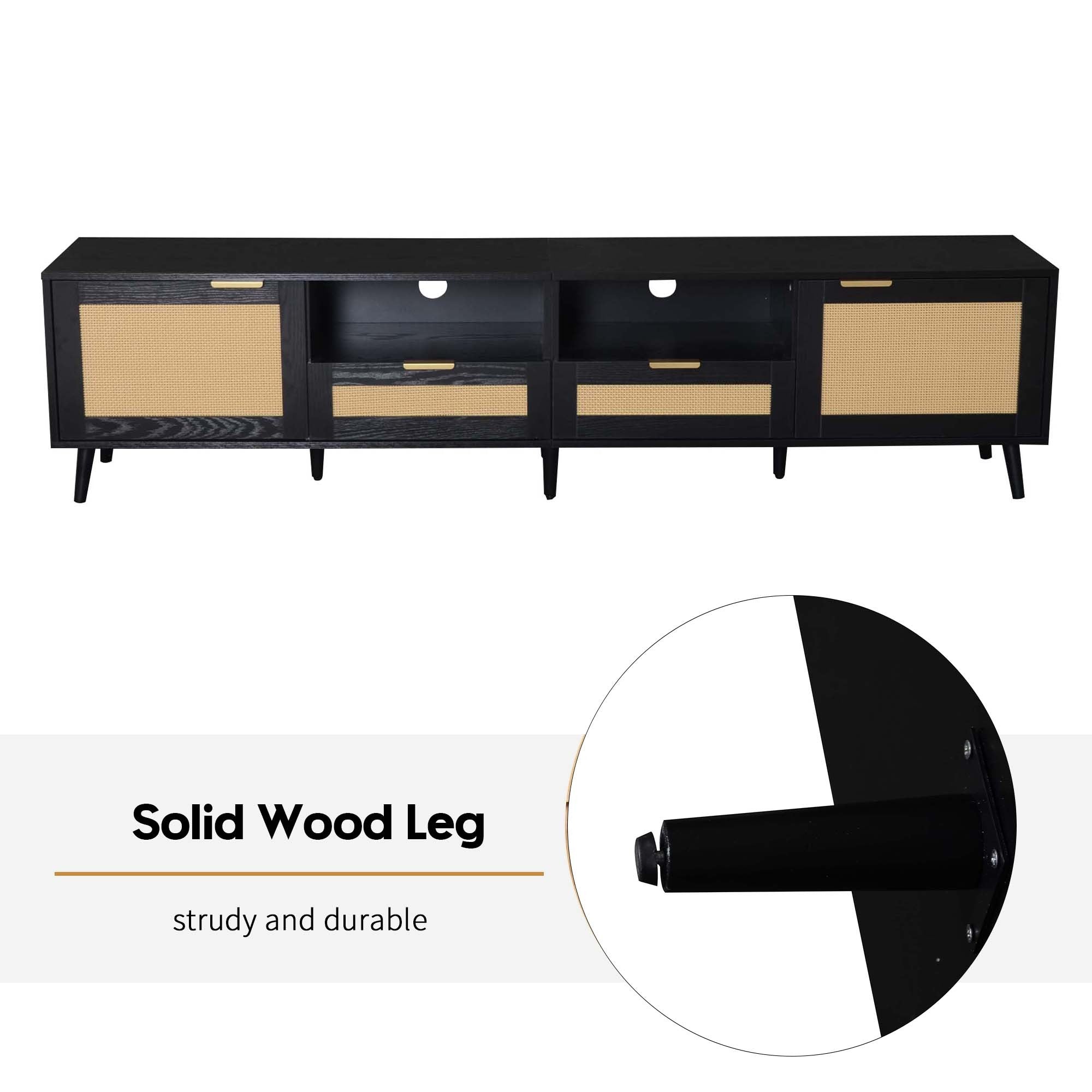 Modern Farmhouse Rattan TV Stand for TVs up to 85'', Black MDF and Solid Wood Media Console with Cable Management, 78.74'' L x 14.6'' W x 18.9'' H - Grand Goldman Shop