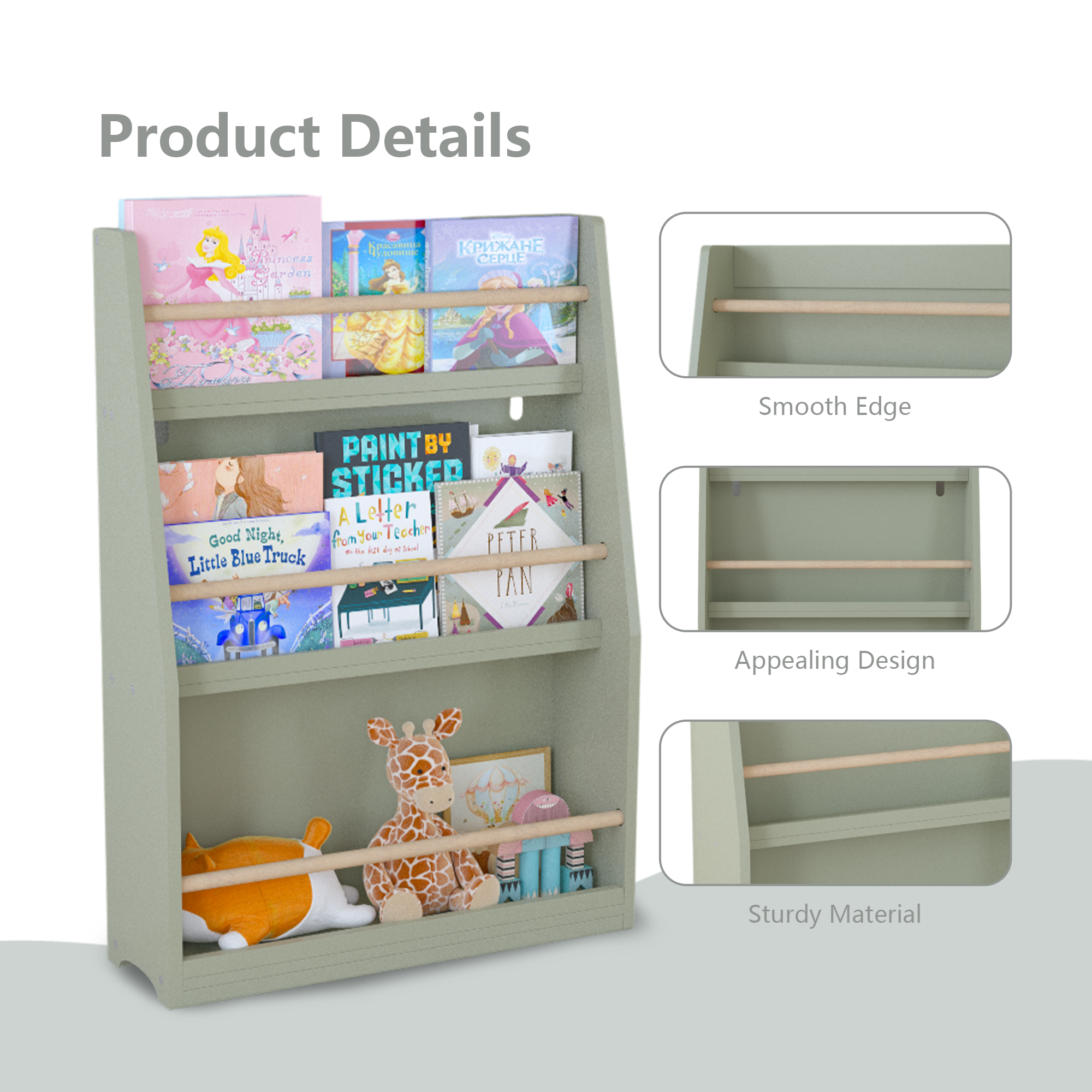 Stylish 3 Tier Kids Book Shelf in Sage with Pine Wood and MDF Construction, Compact Storage for Bedrooms, Playrooms, and Clas
