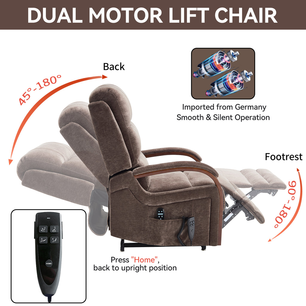 Power Brown Chenille Lift Recliner Chair Dual Motor Infinite Position Up to 350 LBS with Solid Wood Armrests, Heat Massage and Heavy Duty Motion Mechanism - Grand Goldman Shop