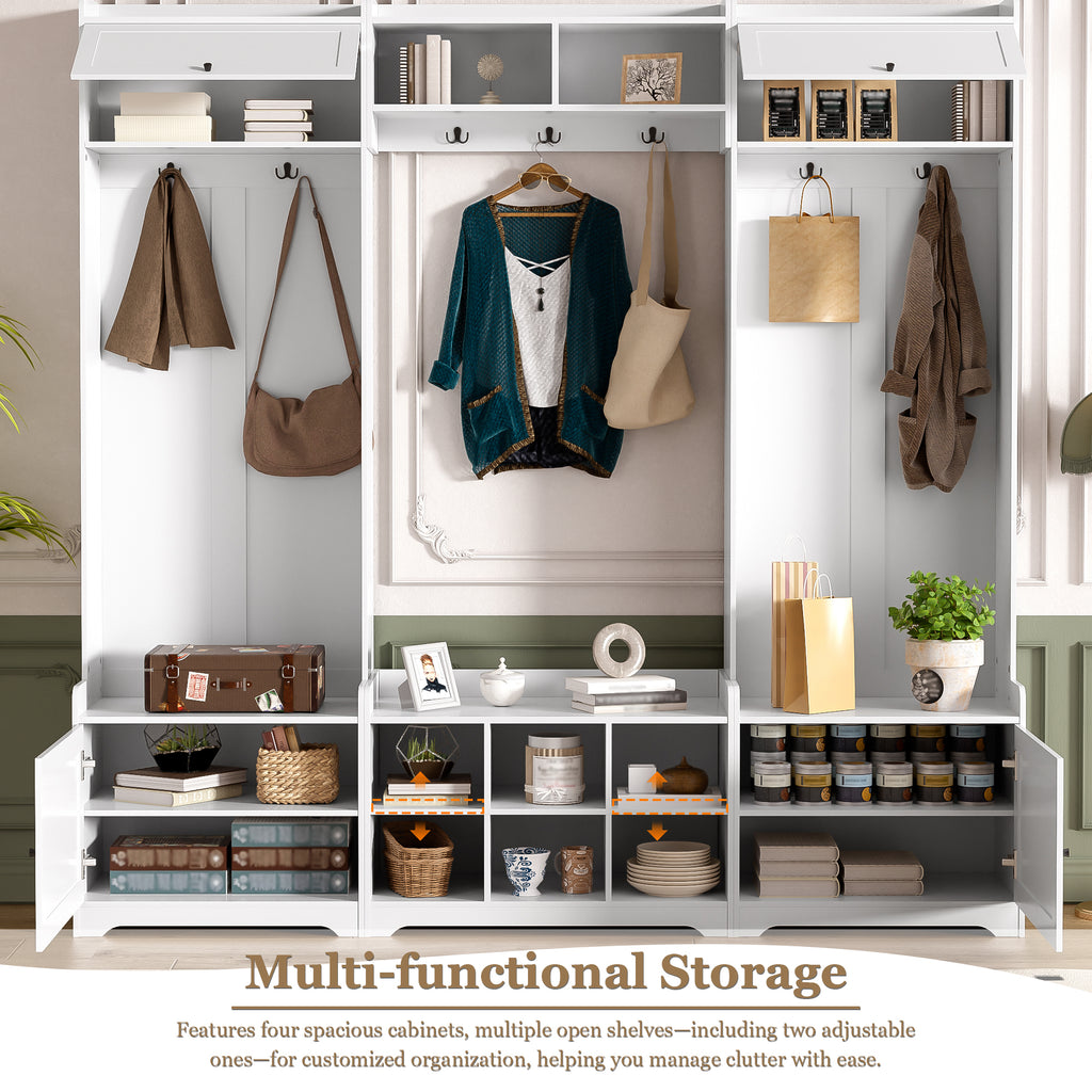 VIBE HAUS 79.1''Wide Modern Hall Tree with Shoe Storage, 4-in-1 Entryway Bench with 8 Cubbies, 7 Coat Hooks & Adjustable Shelf for Hallway, living room, White - Grand Goldman Shop