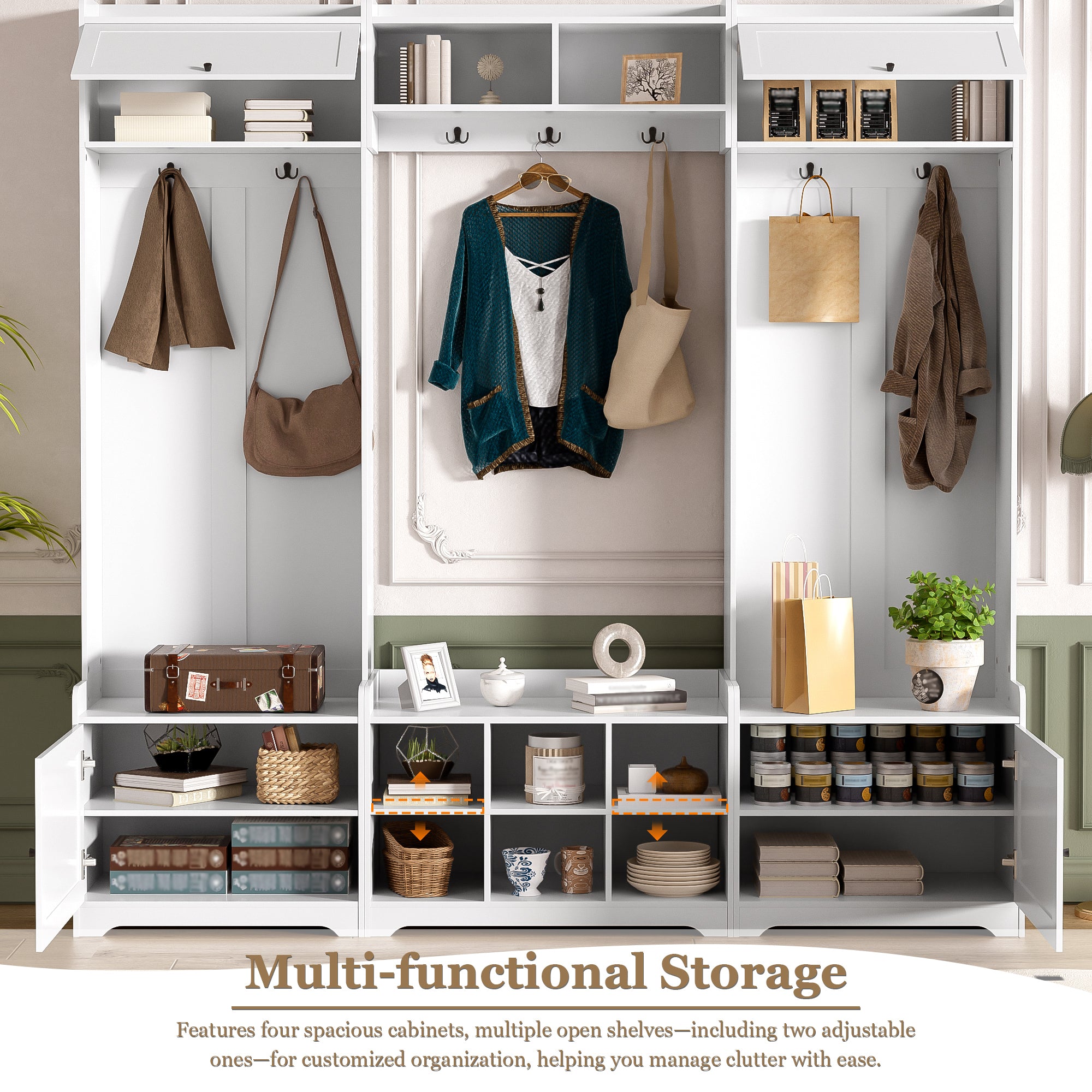 VIBE HAUS 79.1''Wide Modern Hall Tree with Shoe Storage, 4-in-1 Entryway Bench with 8 Cubbies, 7 Coat Hooks & Adjustable Shelf for Hallway, living room, White - Grand Goldman Shop