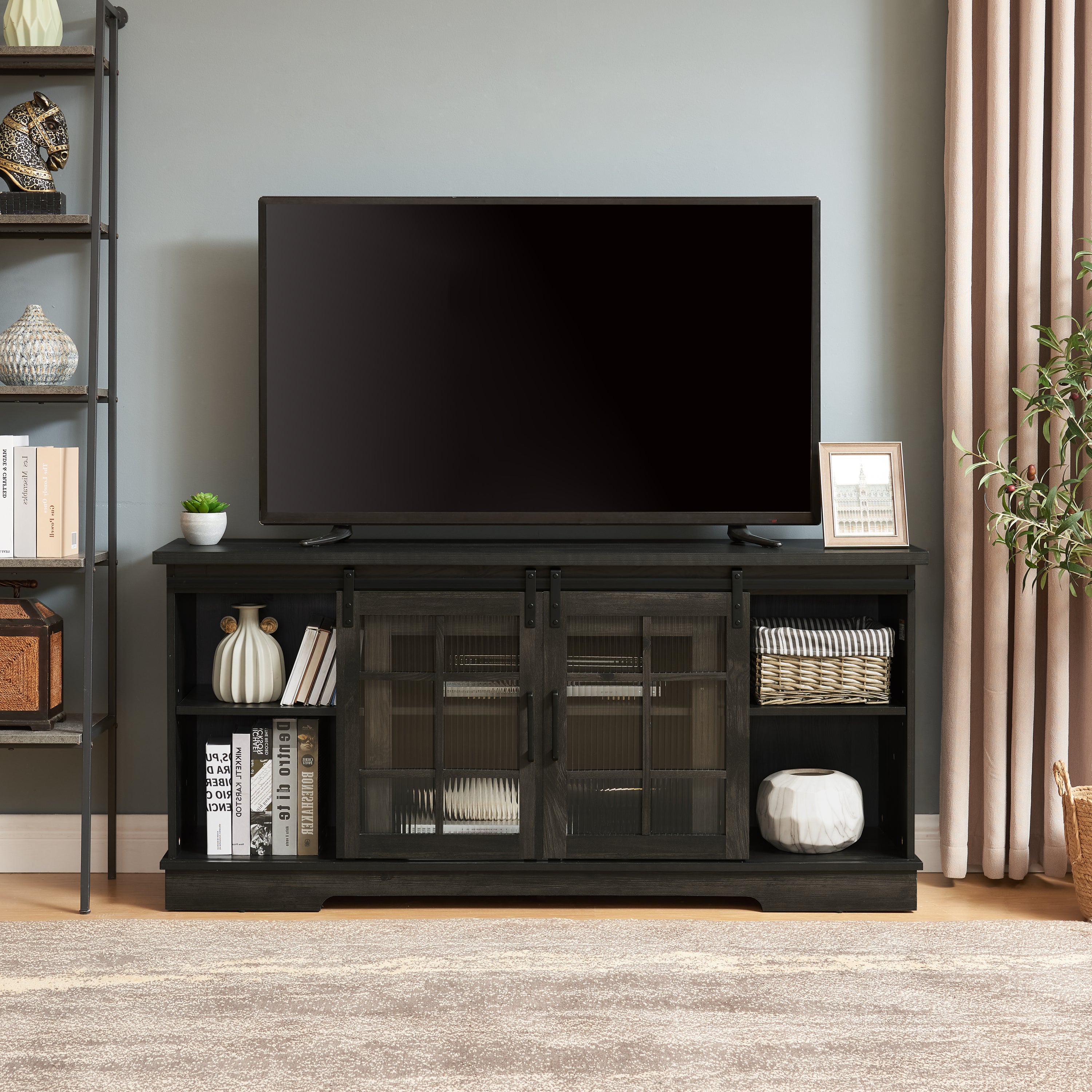 Multipurpose Sliding Door TV Stand Large Storage Cabinet with 2 Sliding Fluted Glass Tempered Doors, TV Up to 65'', TV Desk Storage Rack, Charcoal GREY, 59.13'W*15.94'D*27.8'H - Grand Goldman Shop
