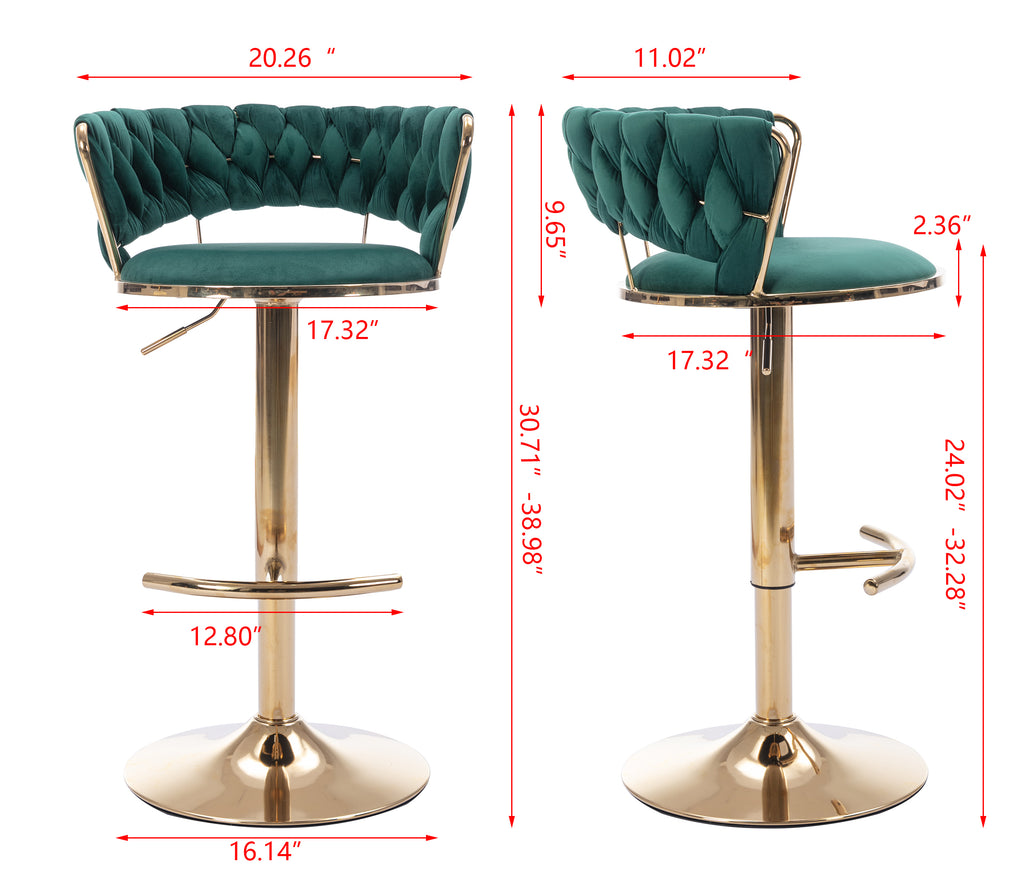 Set of 2  Bar Stools,with Chrome Footrest and Base Swivel Height Adjustable Mechanical Lifting Velvet + Golden Leg Simple Bar Stool-Green - Grand Goldman Shop