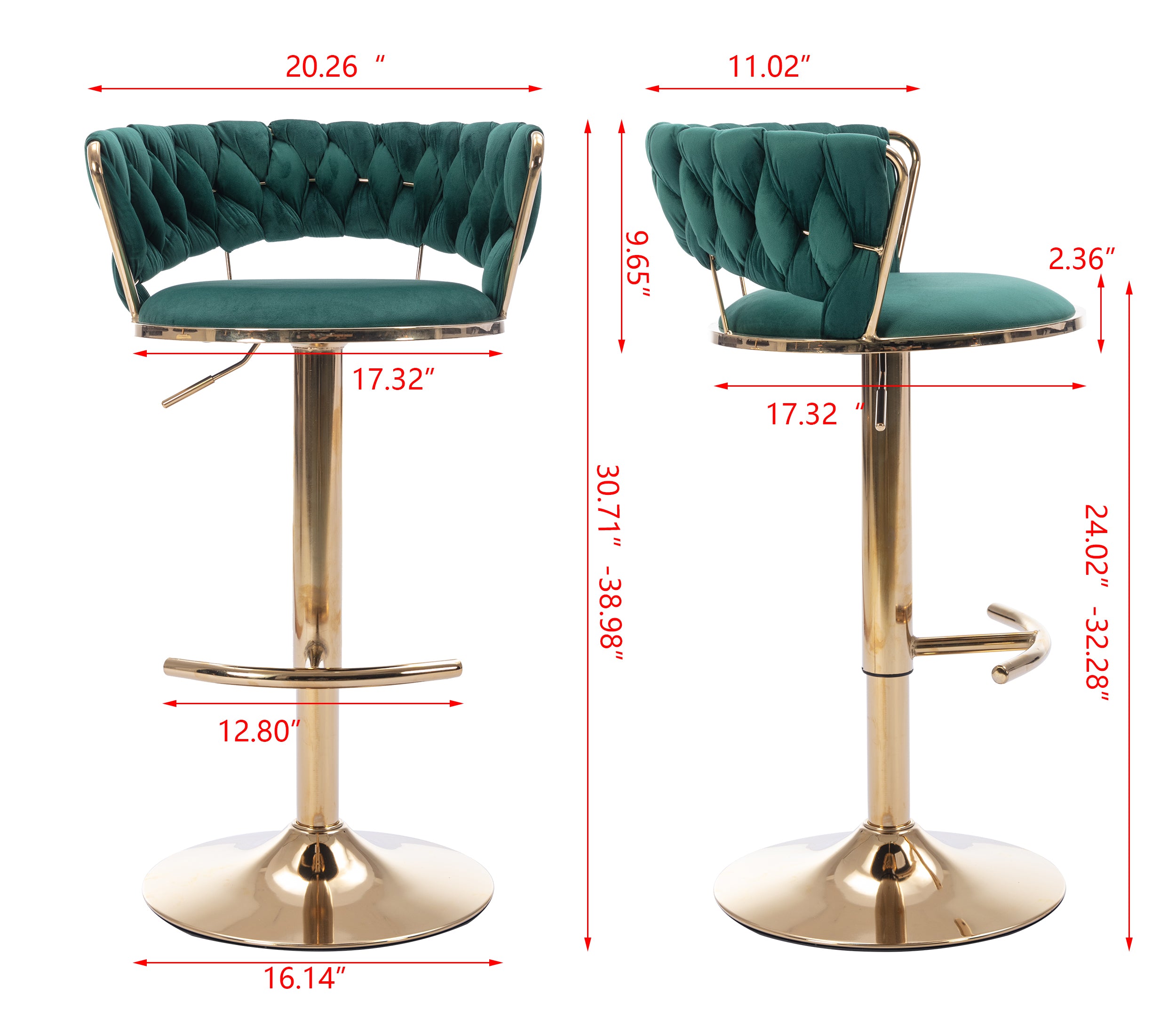 Set of 2  Bar Stools,with Chrome Footrest and Base Swivel Height Adjustable Mechanical Lifting Velvet + Golden Leg Simple Bar Stool-Green - Grand Goldman Shop