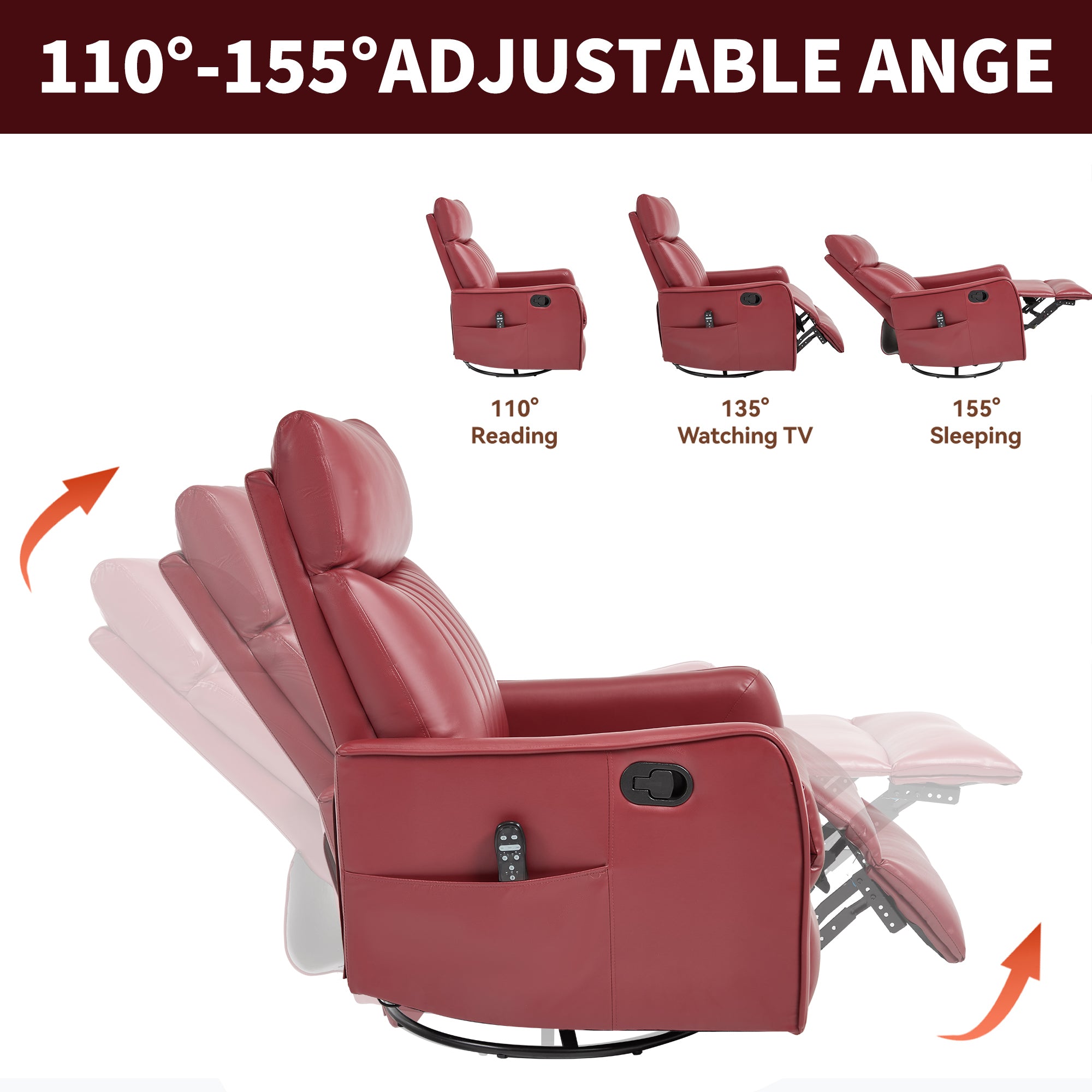 Red Faux Leather Heat Massage Manual Recliner Chair with Rocker and Swivel for Living Room - Grand Goldman Shop