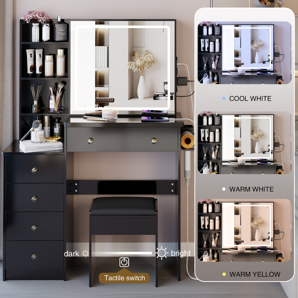 37' Middle Size Left Bedside Cabinet Vanity Table + Cushioned Stool Dresser Set, 2 AC+2 USB Socket, Hair Dryer Stand, Large Touch Control LED Sliding Mirror, 3-color Switch, EPA, GCC, UL Certificate - Grand Goldman Shop