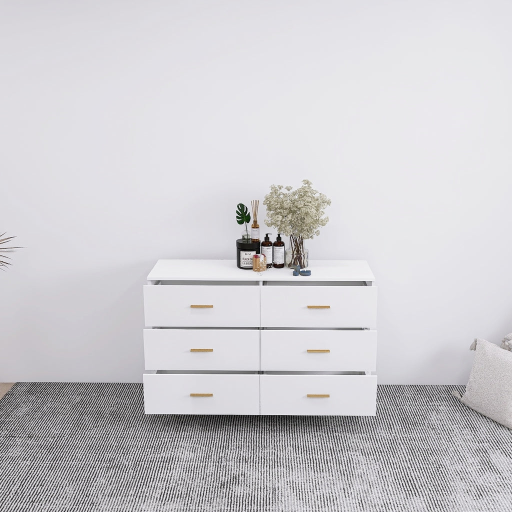 High Glossy Surface 6 Drawers Chest of Drawer with Golden Handle and Golden Steel Legs White Color Vanity - Grand Goldman Shop